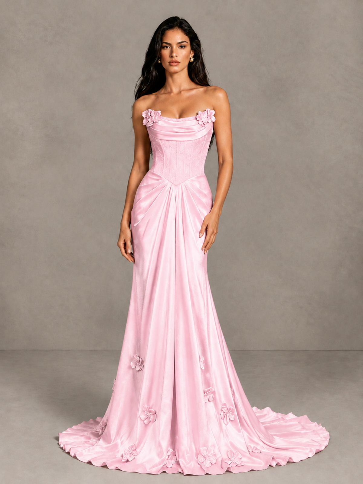 BOLODOO Pink Strapless Floral Corset Evening Gown with Train - Pink - Pink_4