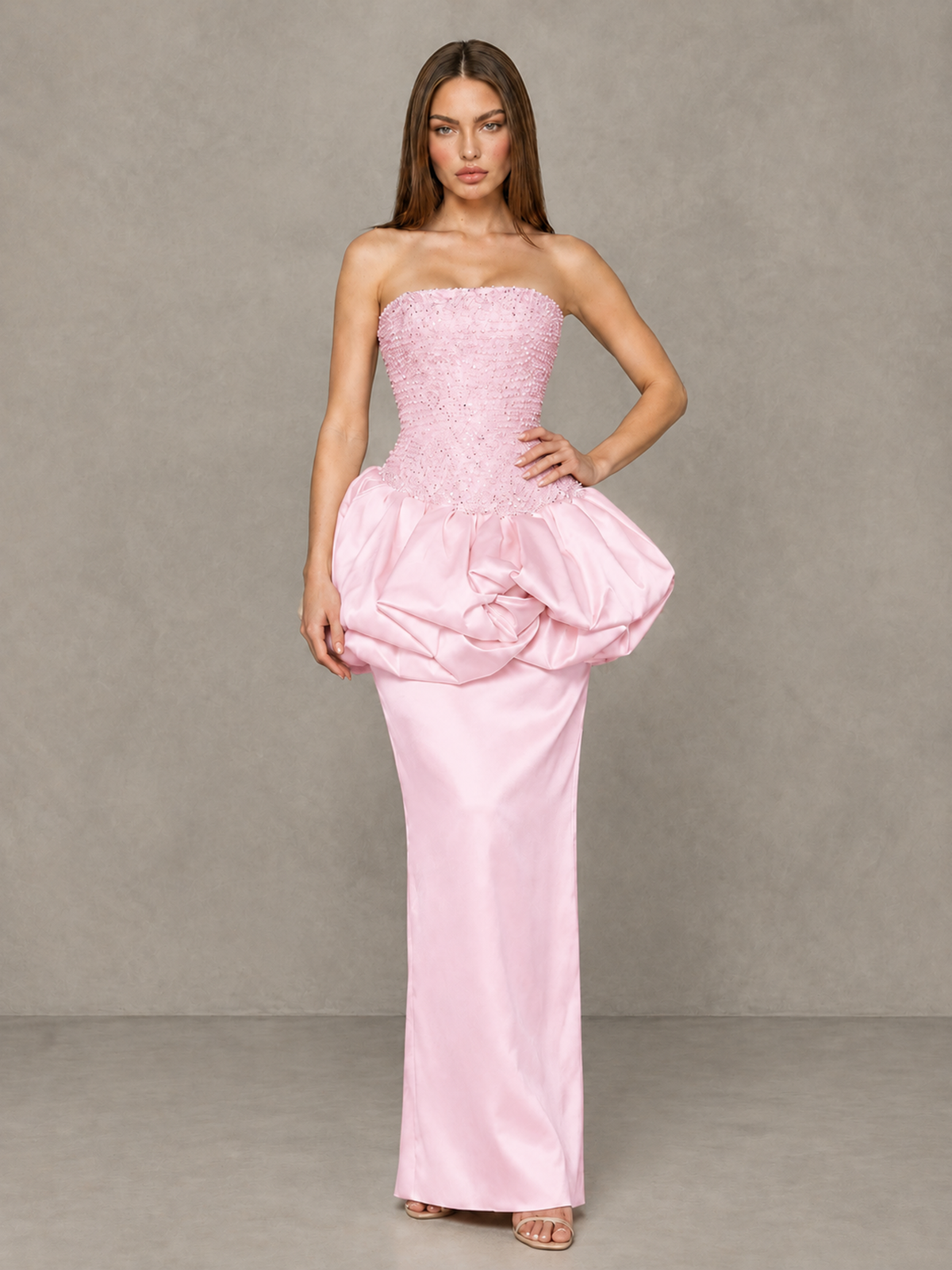 BOLODOO Pink Strapless Embellished Bubble Peplum Evening Dress - Pink - Pink_4