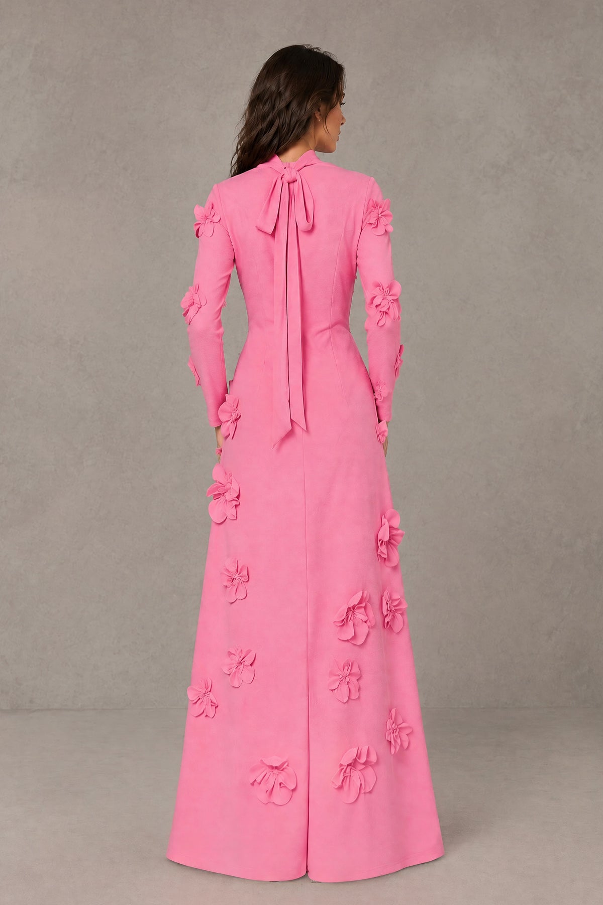 BOLODOO Pink High Neck Long Sleeve 3D Floral Evening Gown - Pink