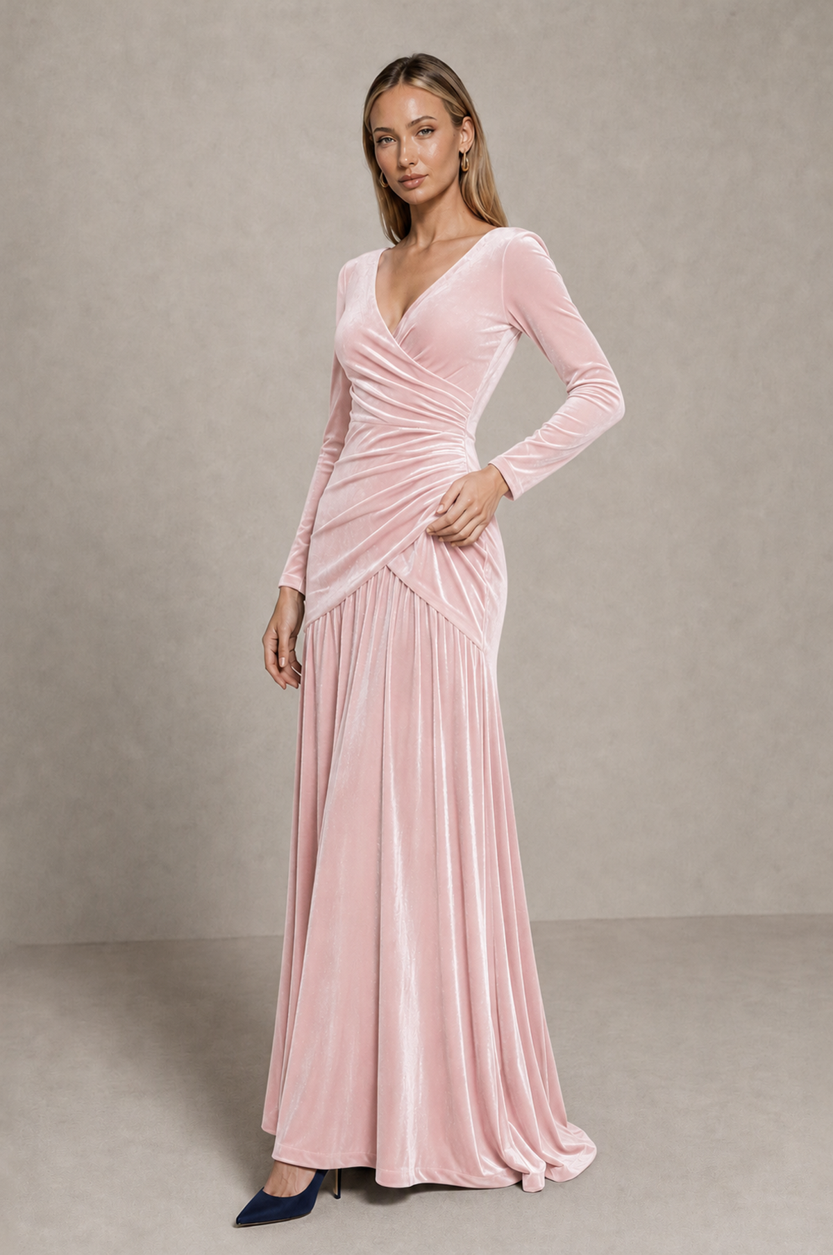 BOLODOO Pink Velvet Long Sleeve V-Neck Ruched Evening Dress - Pink - Pink_4