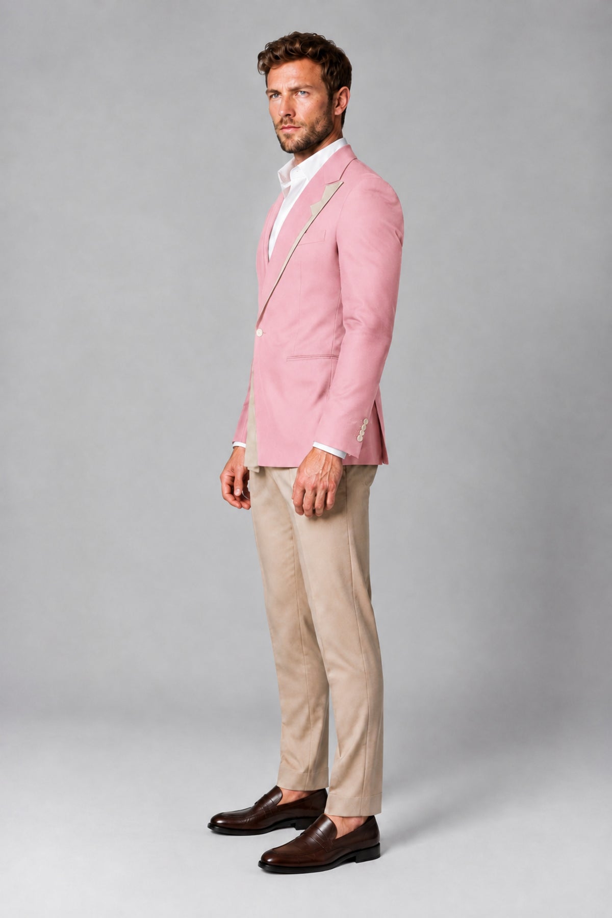 BOLODOO Men's Pink Double-Breasted Blazer & Khaki Trousers Tuxedo 2-Piece Suit Set - Pink - Pink_4