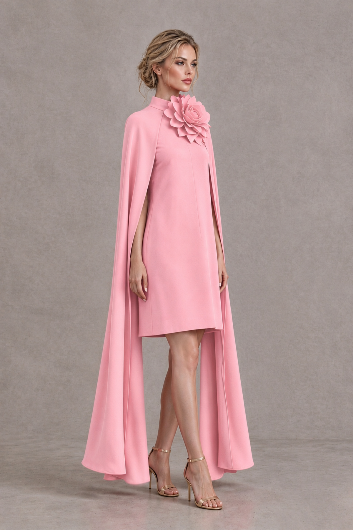 BOLODOO Pink High Neck Floral Cape Mini Cocktail Dress - Pink - Pink_4
