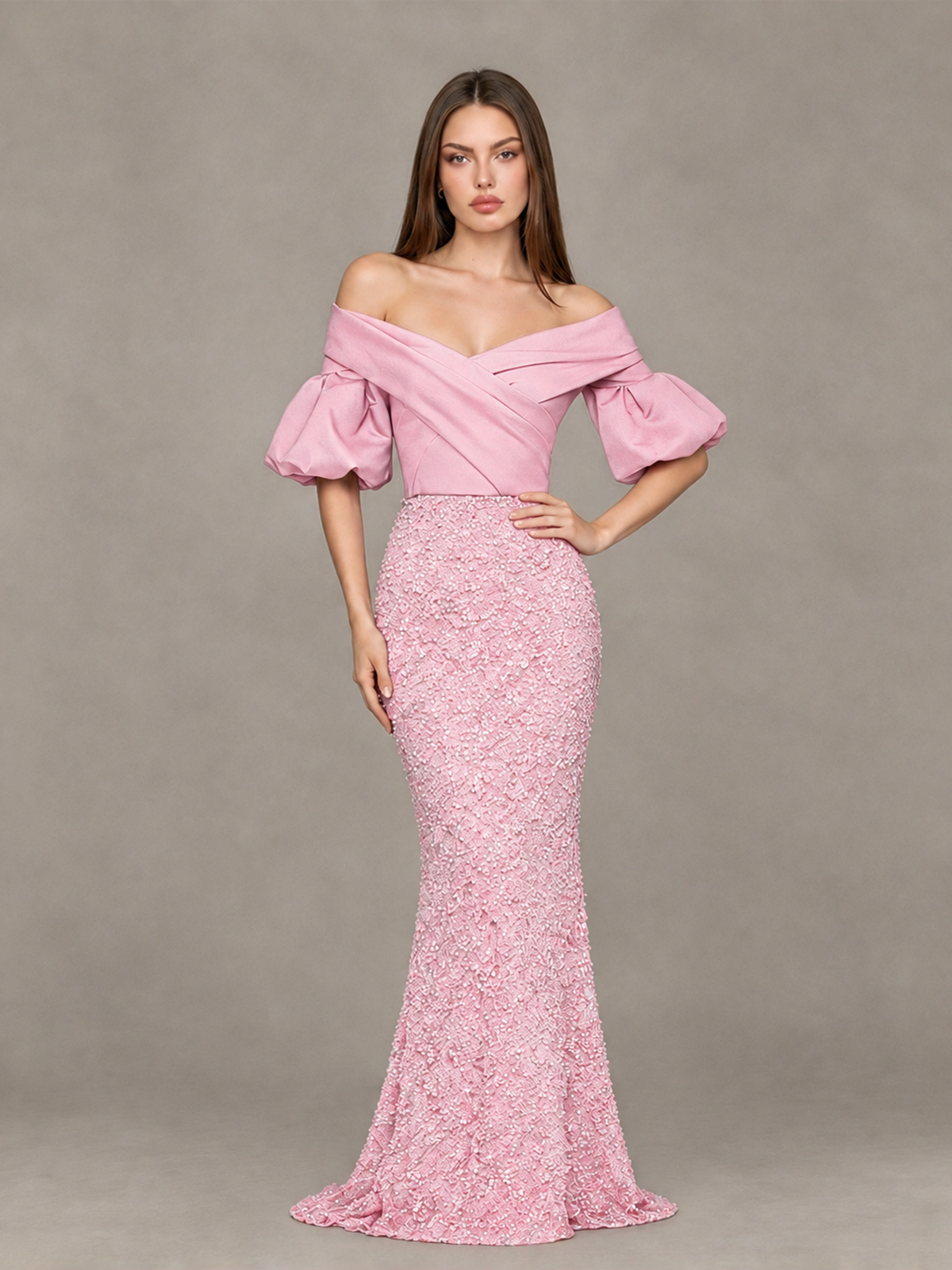 BOLODOO Pink Off-Shoulder Puff Sleeve Sequin Mermaid Evening Dress - Pink - Pink_4
