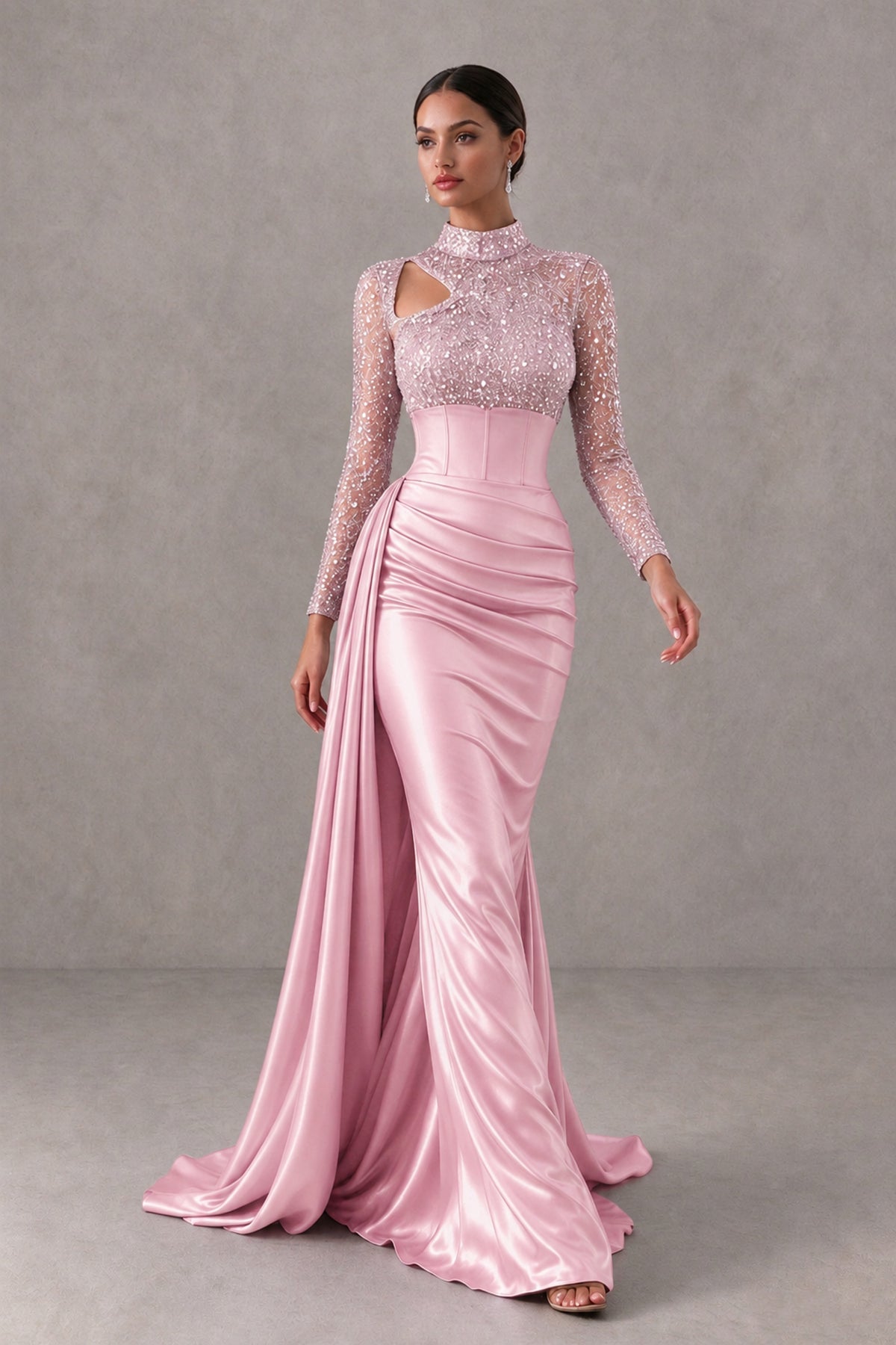 BOLODOO Pink Long Sleeve Embellished Satin Mermaid Evening Gown - Pink - Pink_4