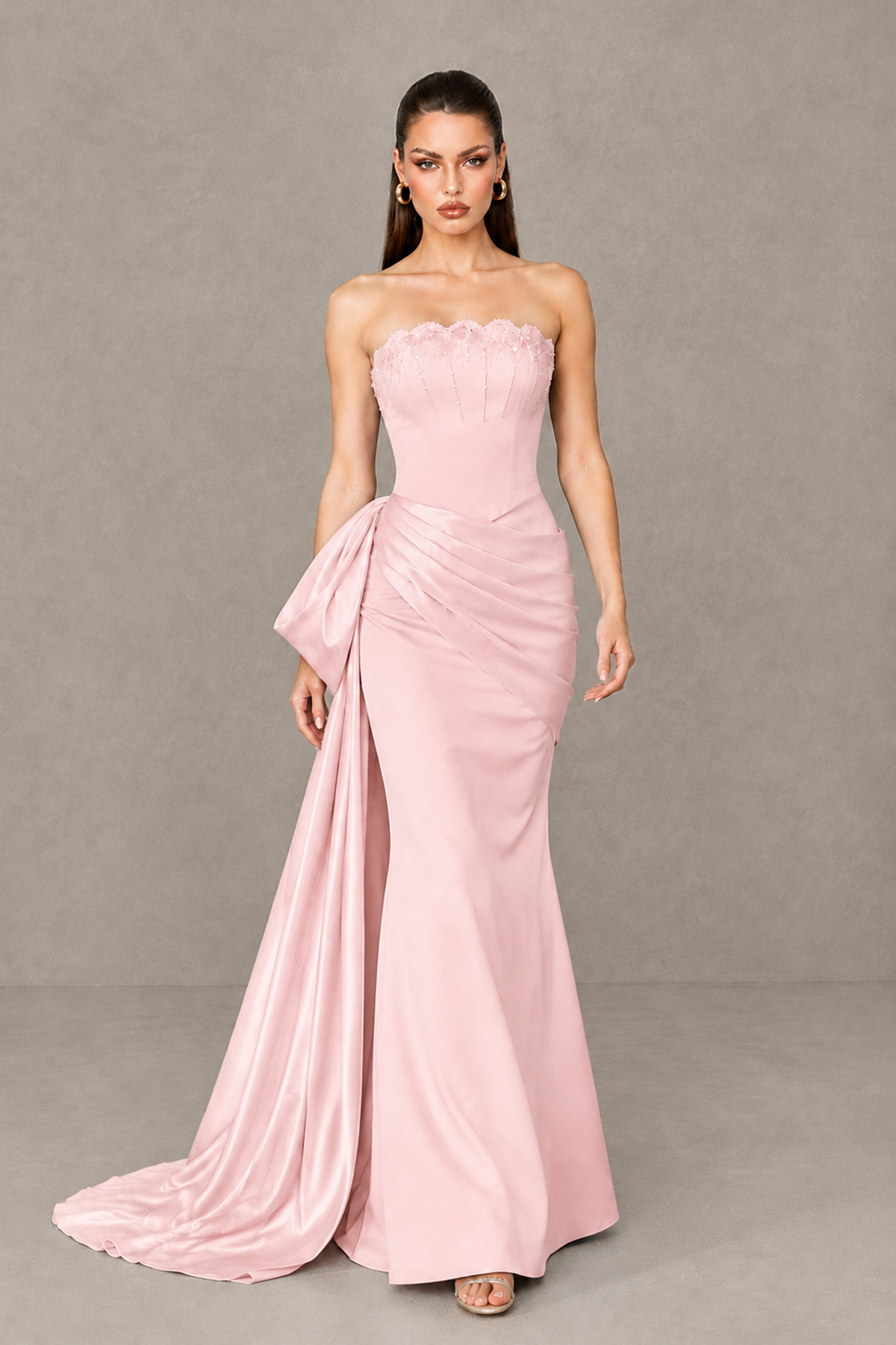 BOLODOO Pink Strapless Satin Prom Dress with Draped Side Train - Pink - Pink_4