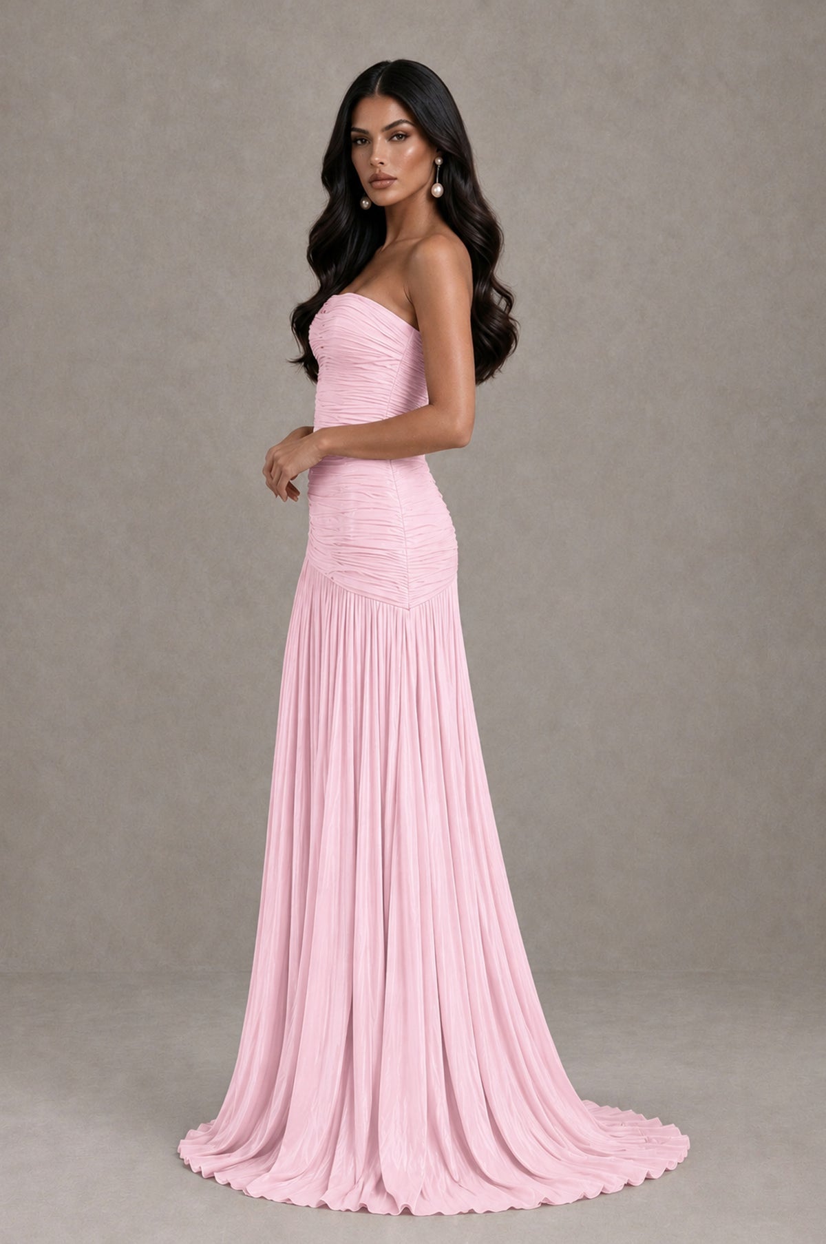 BOLODOO Pink Metallic Ruched Strapless Pleated A-Line Backless Maxi Dress with Train - Pink - Pink_4