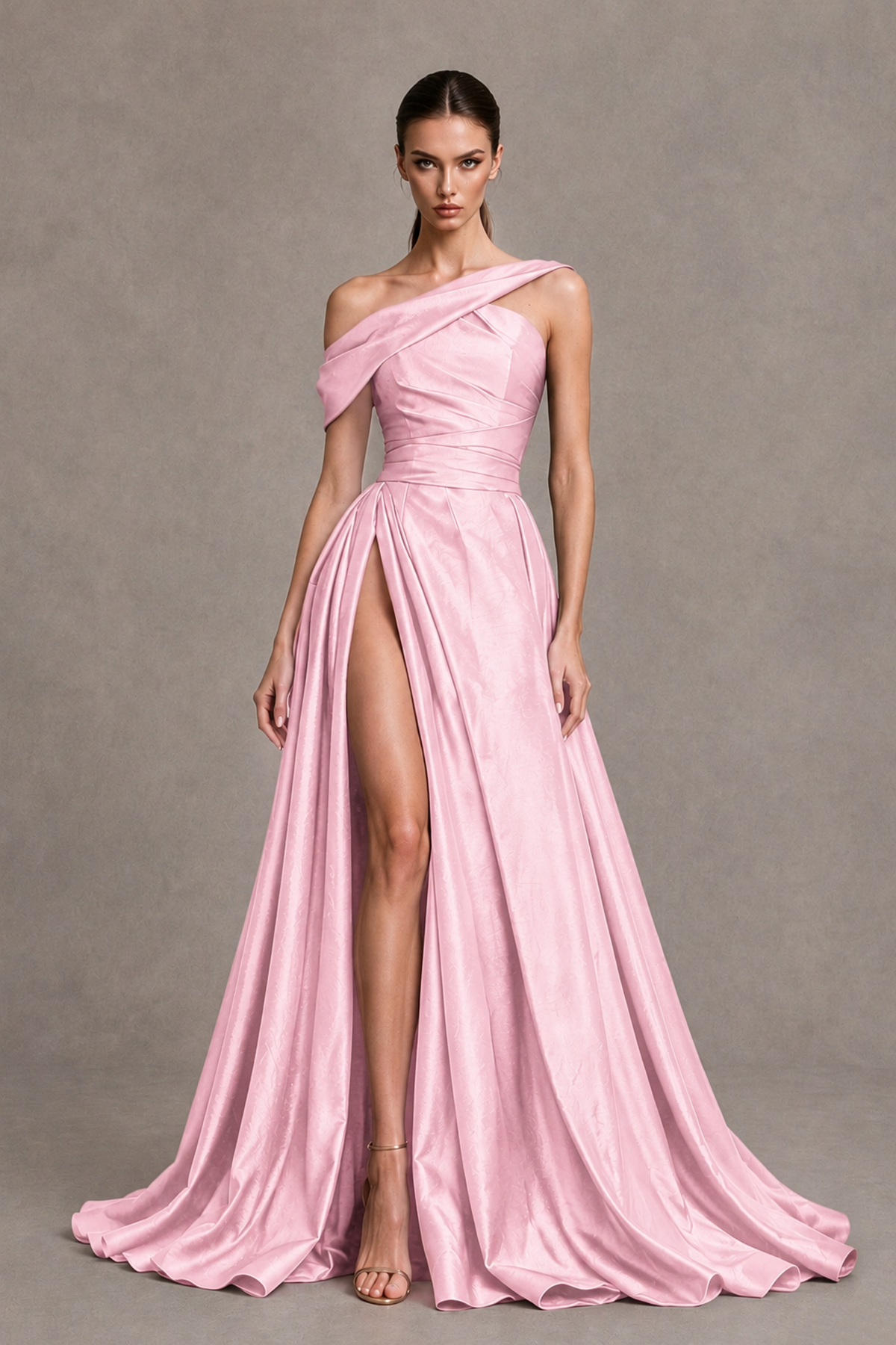 BOLODOO Pink Asymmetric Satin-Look A-Line Prom Dress with High Slit - Pink - Pink_4