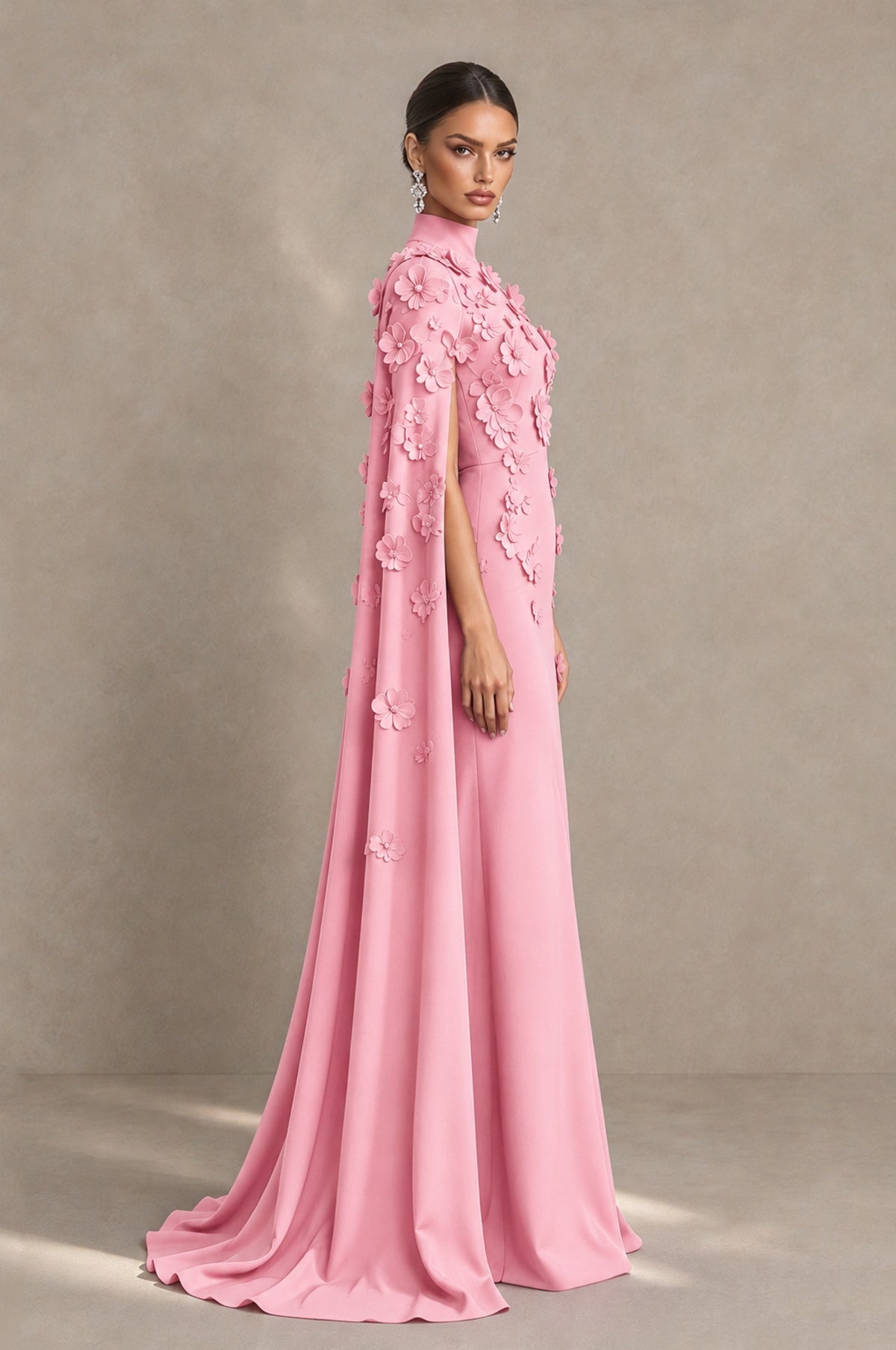 BOLODOO Pink 3D Floral Applique Cape Formal Dress - Pink - Pink_4