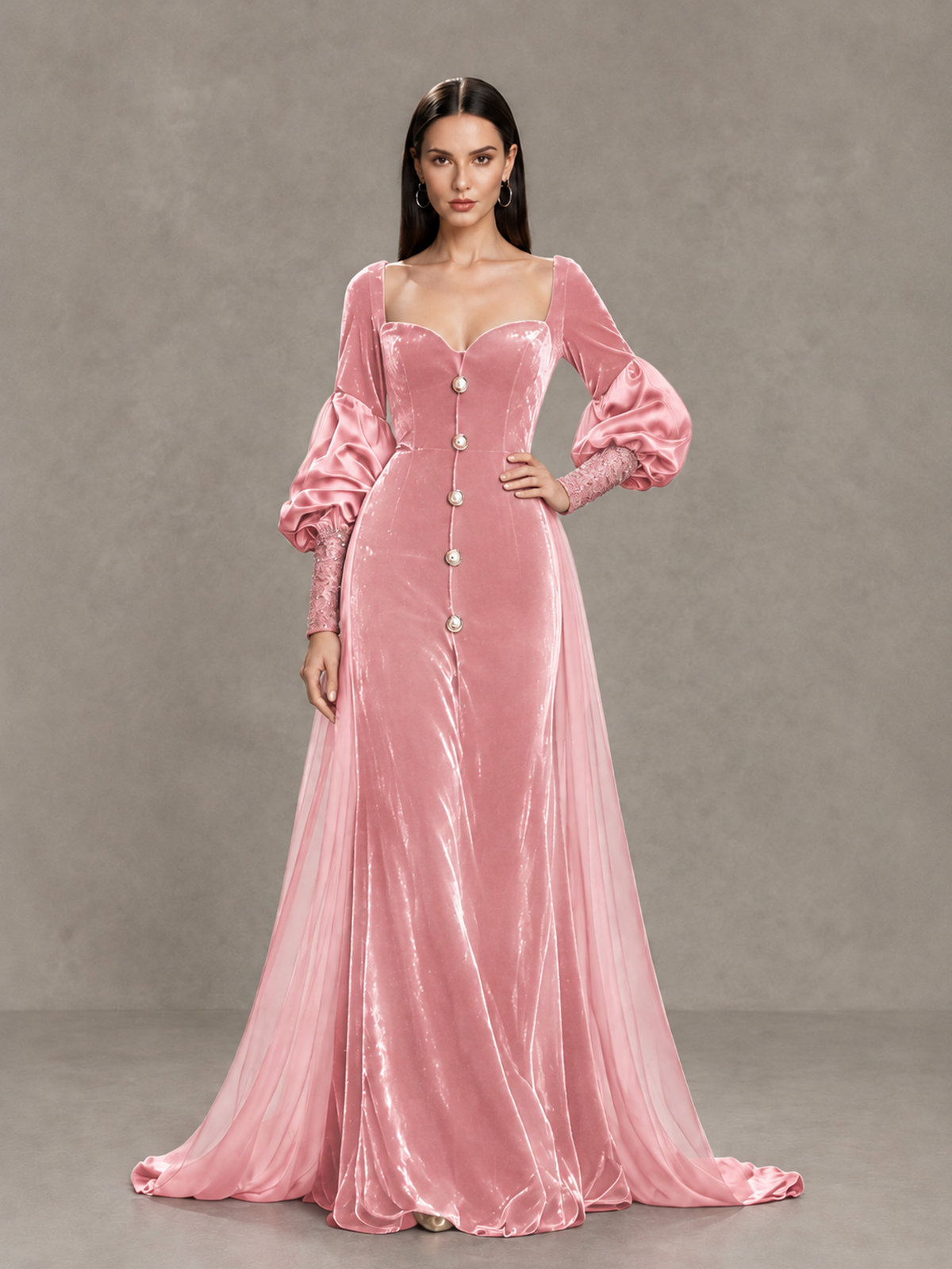BOLODOO Pink Velvet Long Sleeve Open-Back Evening Gown - Pink - Pink_4