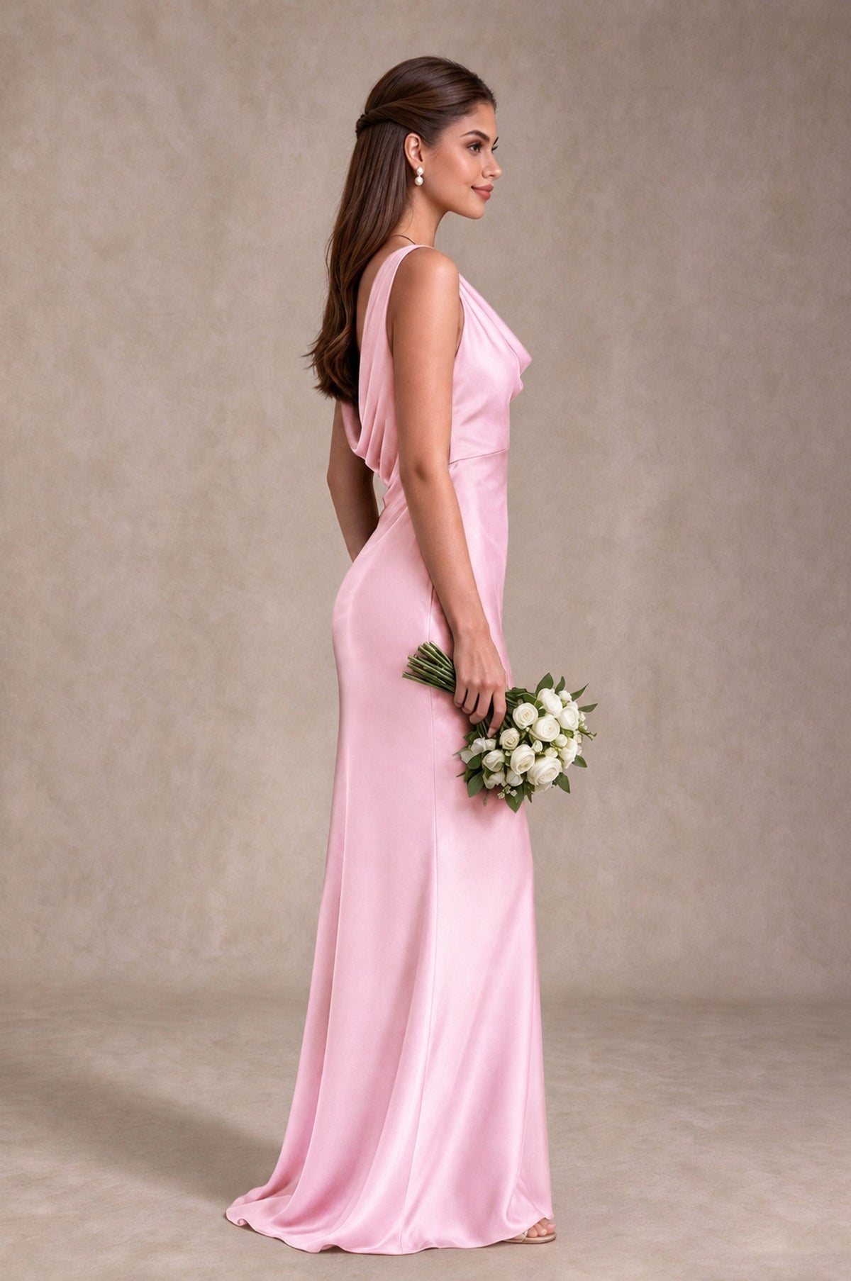 BOLODOO Pink Cowl Neck Open Back Satin Bridesmaid Dress - Pink - Pink_4