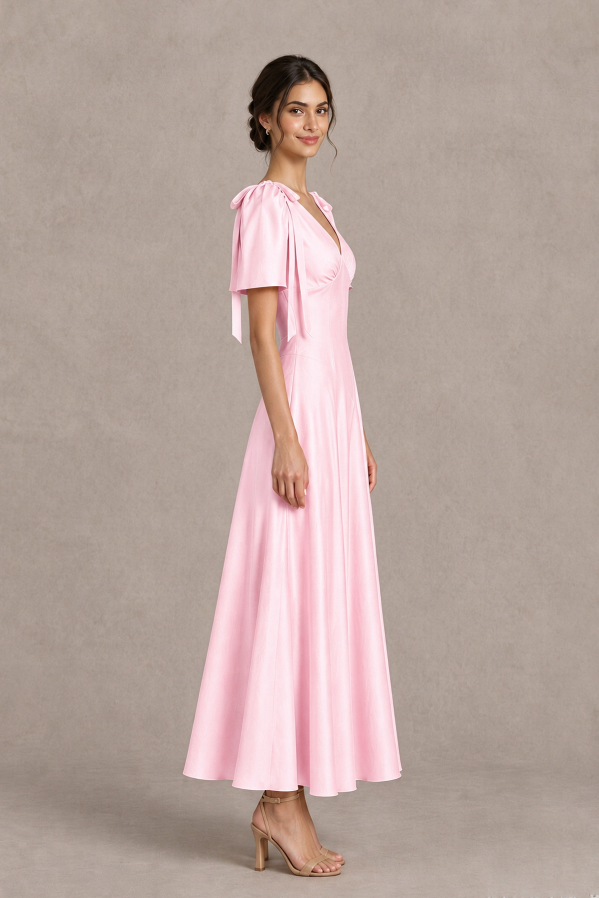 BOLODOO Pink V-Neck Short Sleeve Satin-Look Bridesmaid Dress with Shoulder Bows - Pink - Pink_4