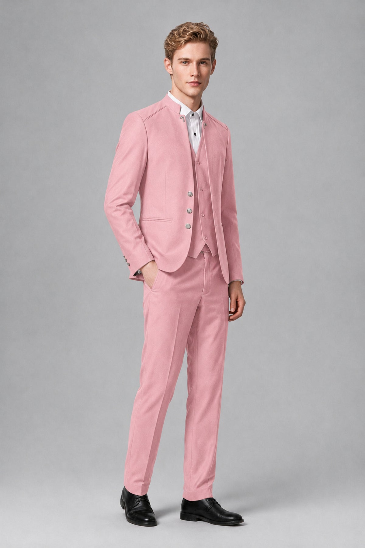 Bolodoo Men's Pink Mandarin Collar 3-Piece Suit – Jacket, Vest & Trousers - Pink - Pink_4