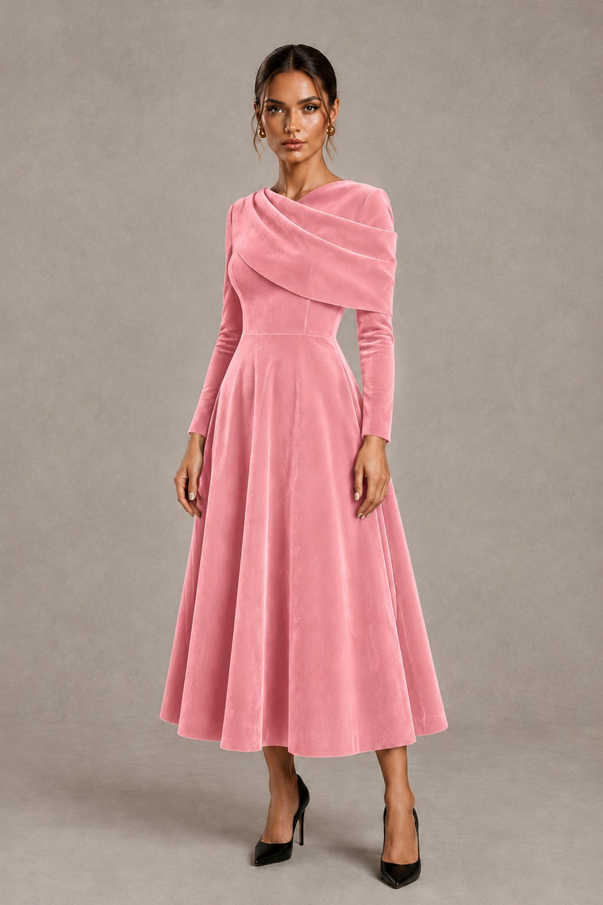 BOLODOO Pink Velvet-Look Long Sleeve Tea-Length A-Line Dress with Draped Neckline - Pink - Pink_4