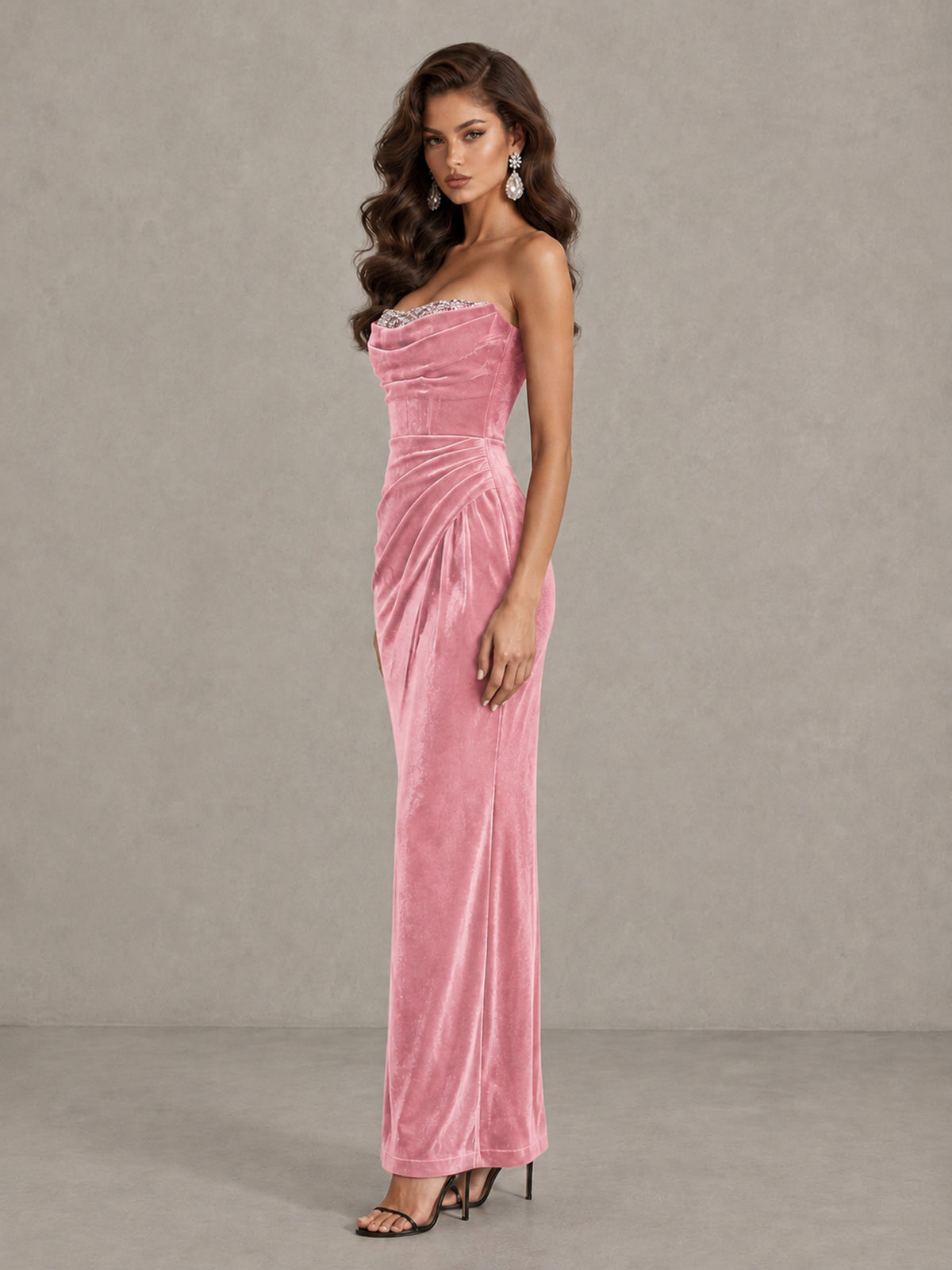 BOLODOO Pink Strapless Velvet Cocktail Maxi Dress - Pink - Pink_4