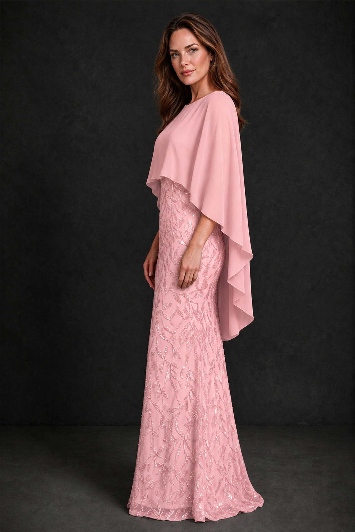BOLODOO Pink Round Neck Chiffon Cape Overlay Sequin Lace Mermaid Maxi Dress - Pink - Pink_4