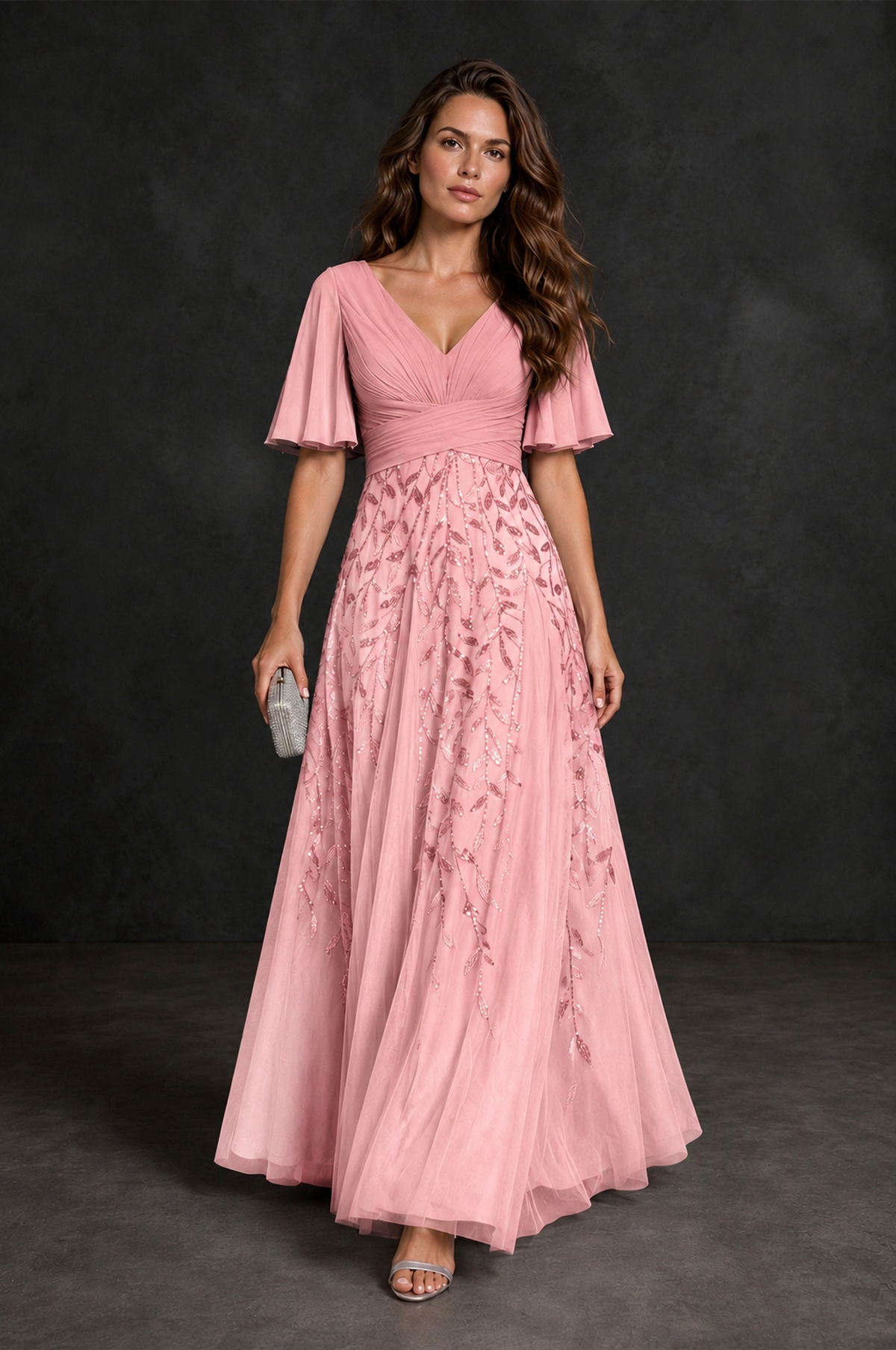 BOLODOO Pink V-Neck Flutter Sleeve Beaded Botanical Tulle A-Line Gown | Mother of the Bride Evening Dress - Pink - Pink_4