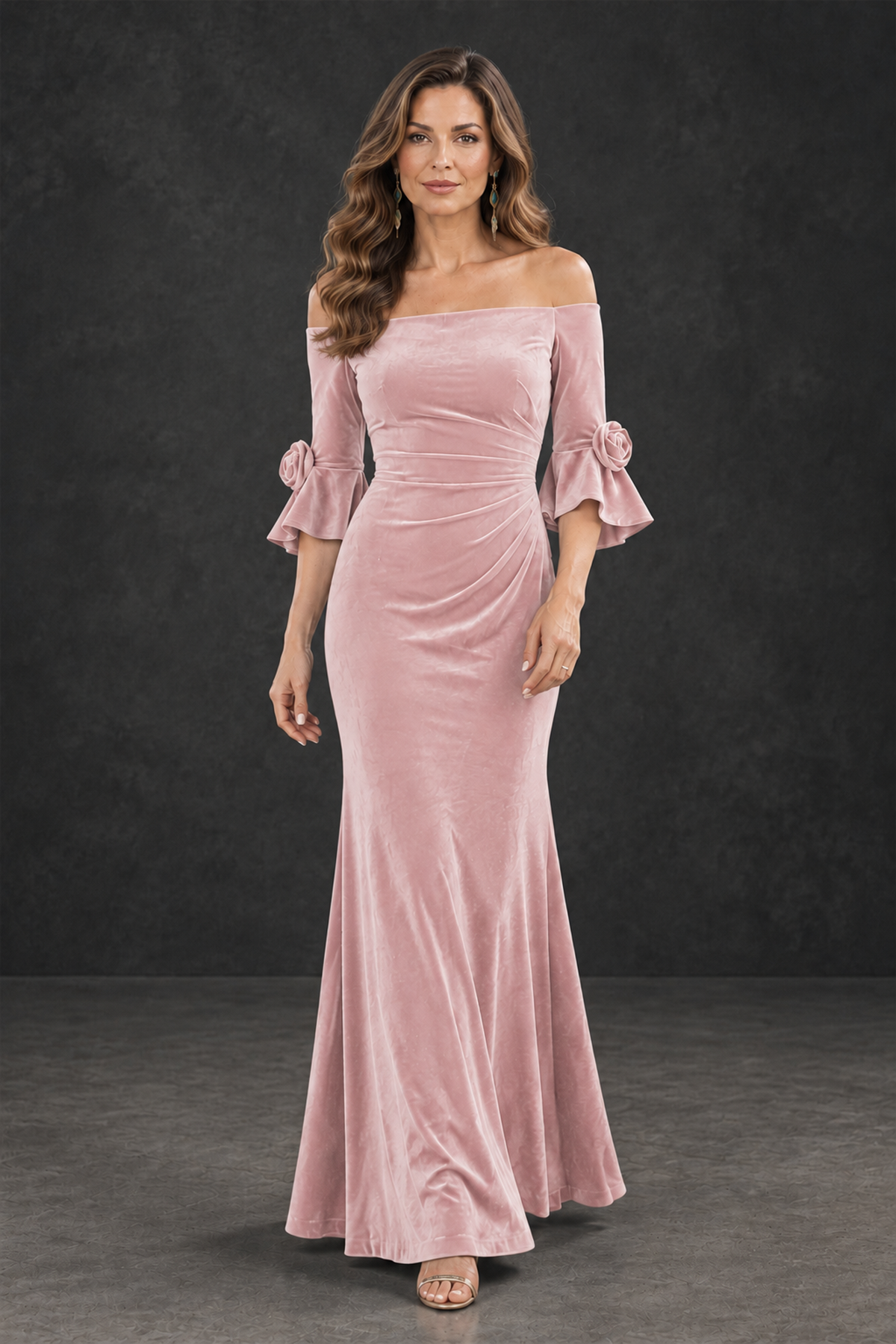 BOLODOO Pink Velvet Mother of the Bride Dress with Rosette Sleeves - Pink - Pink_4