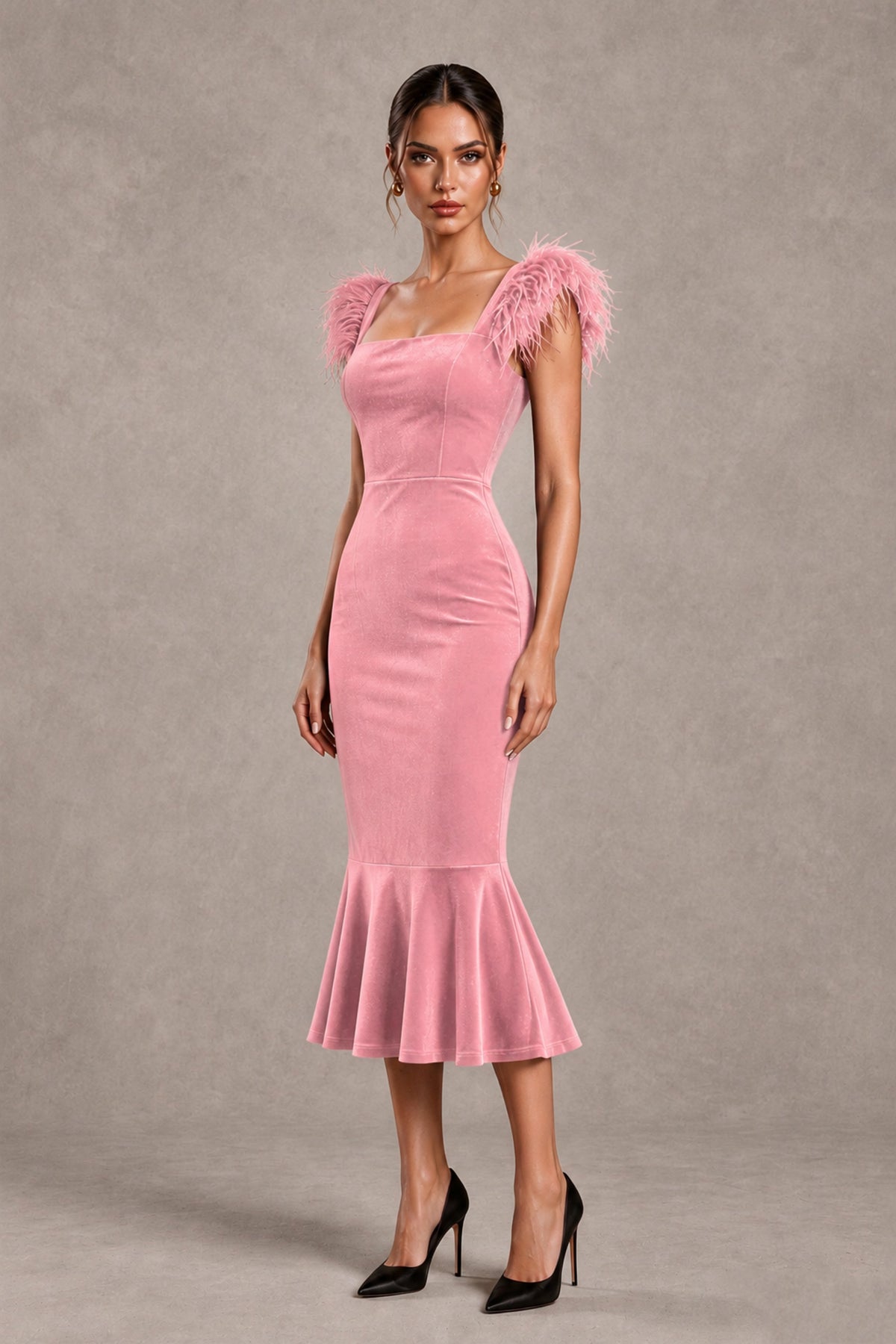 BOLODOO Pink Feather-Trim Velvet-Look Mermaid Midi Dress - Pink - Pink_4