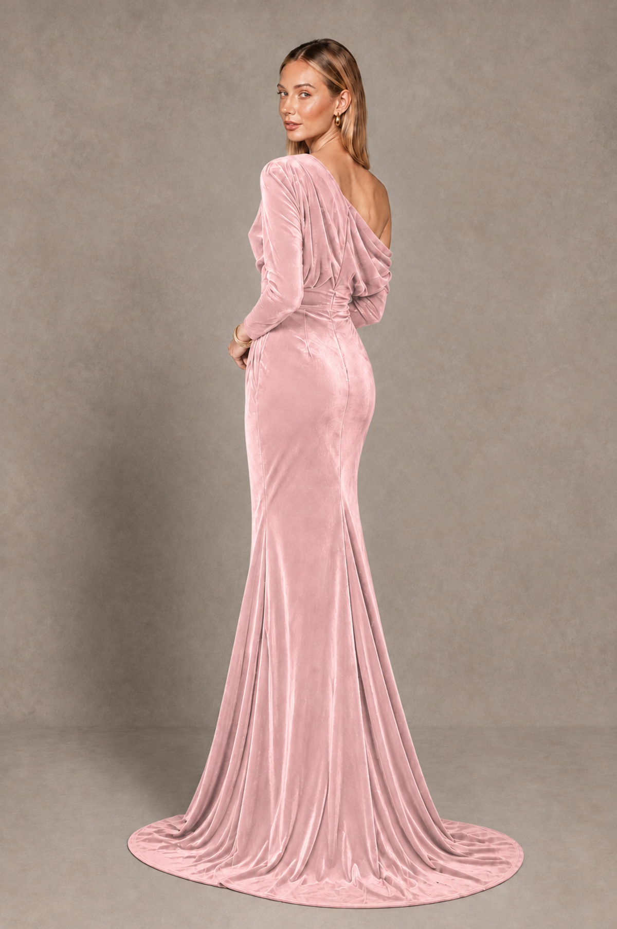 BOLODOO Pink Velvet Asymmetric Neck Mermaid Evening Dress - Pink - Pink_4
