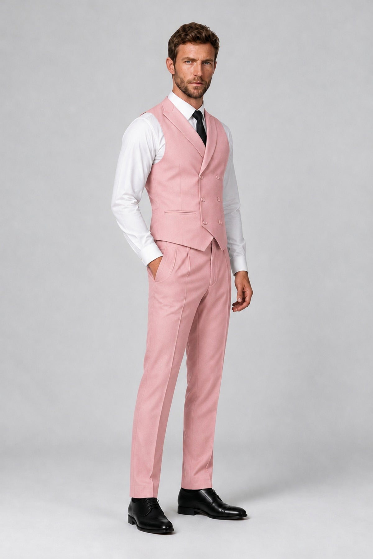 Bolodoo Men's Pink Double-Breasted Vest and Pants 2-Piece Suit - Pink - Pink_4