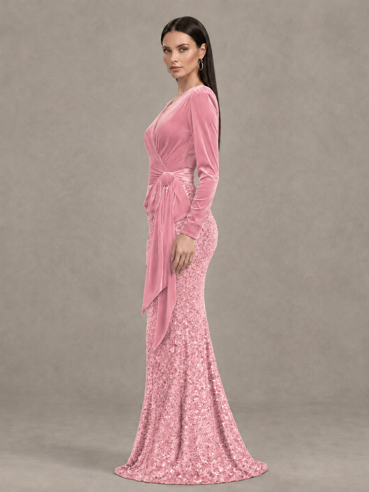 BOLODOO Pink Velvet & Sequin Long Sleeve V-Neck Mermaid Evening Gown - Pink - Pink_4