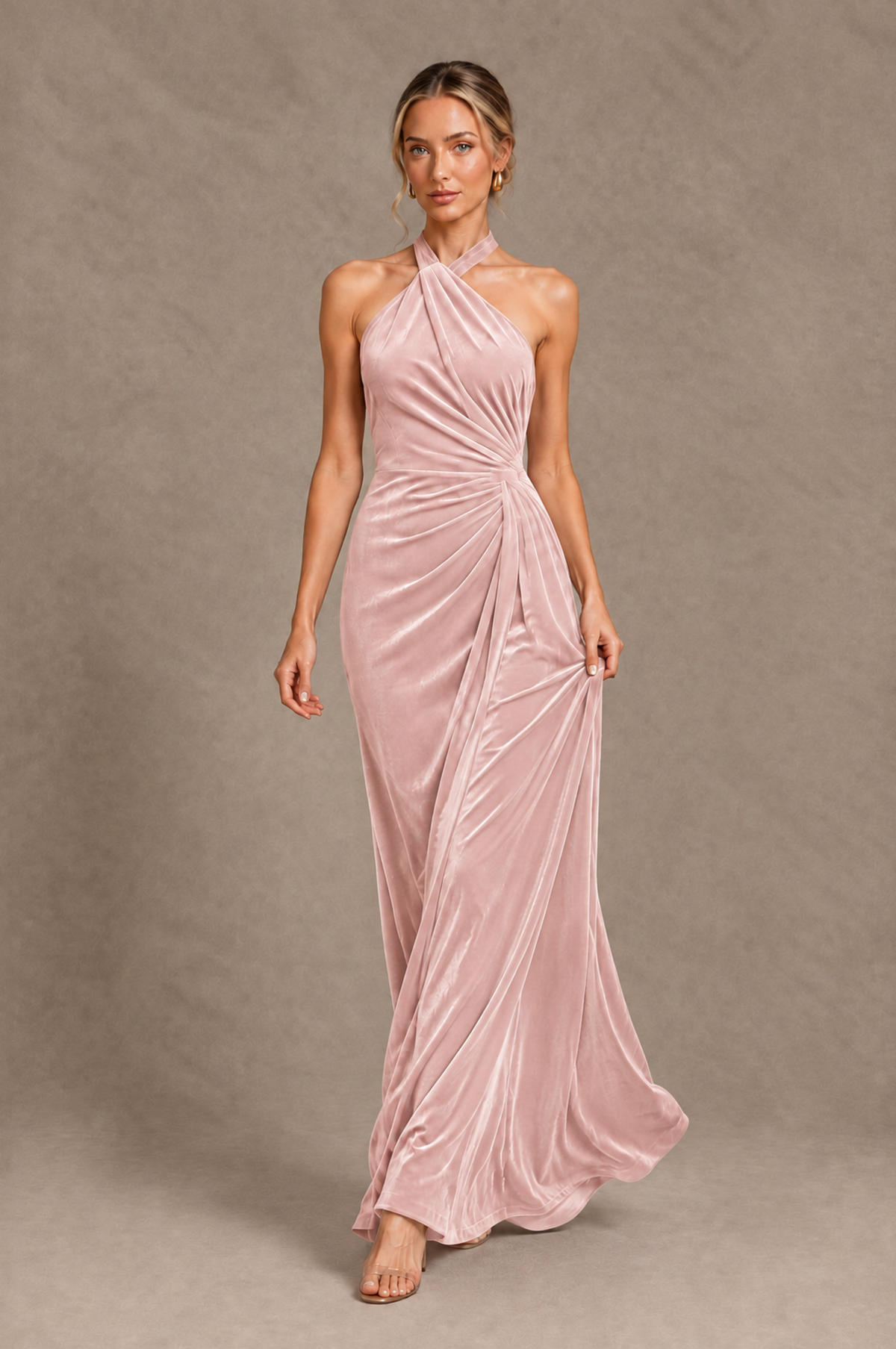 BOLODOO Pink Velvet Halter Open-Back Ruched Evening Dress - Pink - Pink_4