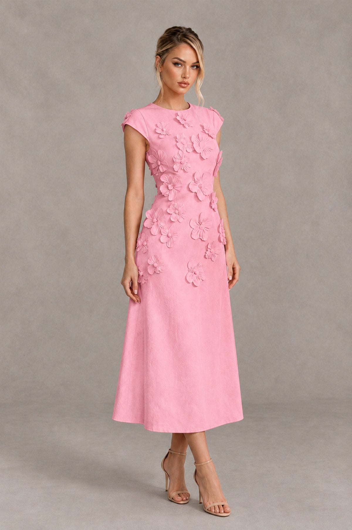 BOLODOO Pink 3D Floral Cap Sleeve Midi Cocktail Dress - Pink - Pink_4