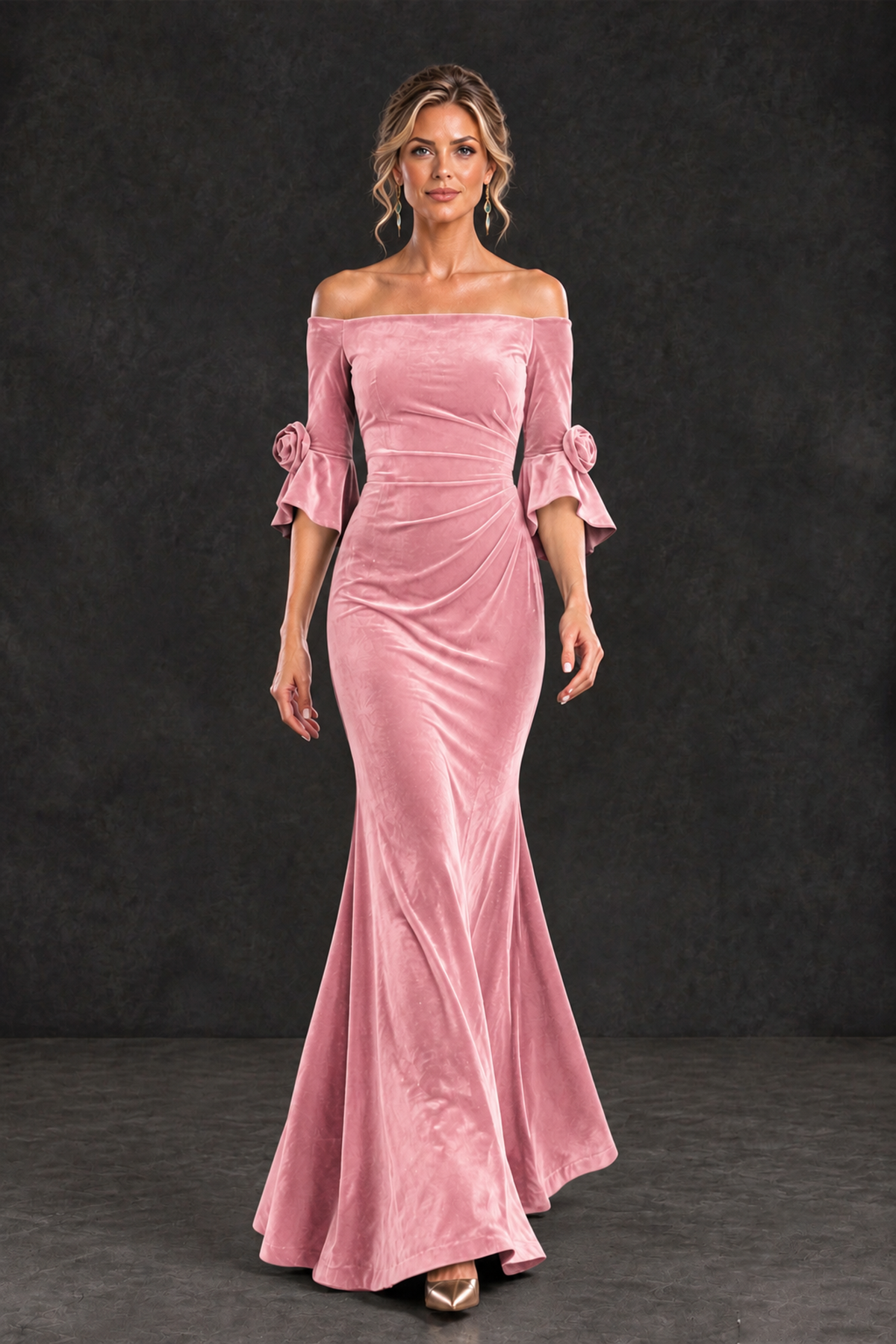 BOLODOO Pink Velvet Off-Shoulder Mother of the Bride Dress – 3/4 Floral Cuff Sleeve Mermaid Evening Gown - Pink - Pink_4