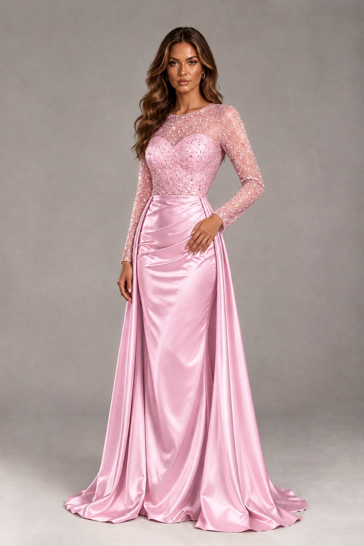 BOLODOO Pink Long Sleeve Embellished Satin Evening Gown with Sweep Train - Pink - Pink_4