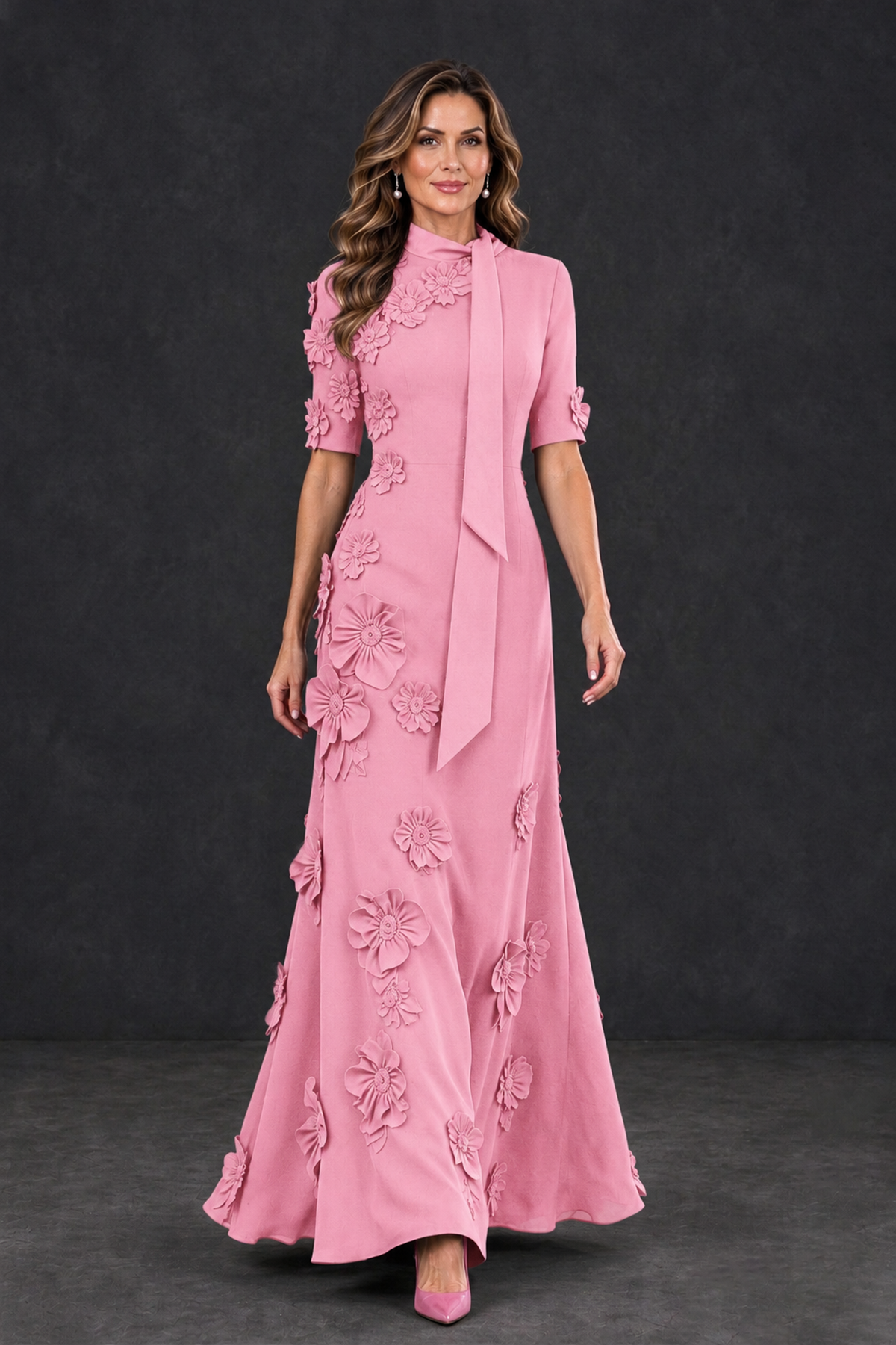 BOLODOO Pink Floral Applique High-Neck Half-Sleeve Gown - Pink - Pink_4