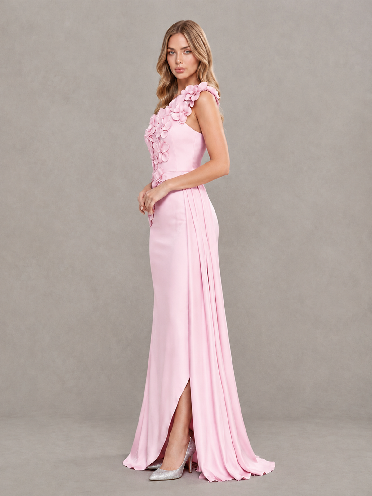 BOLODOO Pink One-Shoulder Satin Mermaid Evening Gown with 3D Floral Appliqué - Pink - Pink_4
