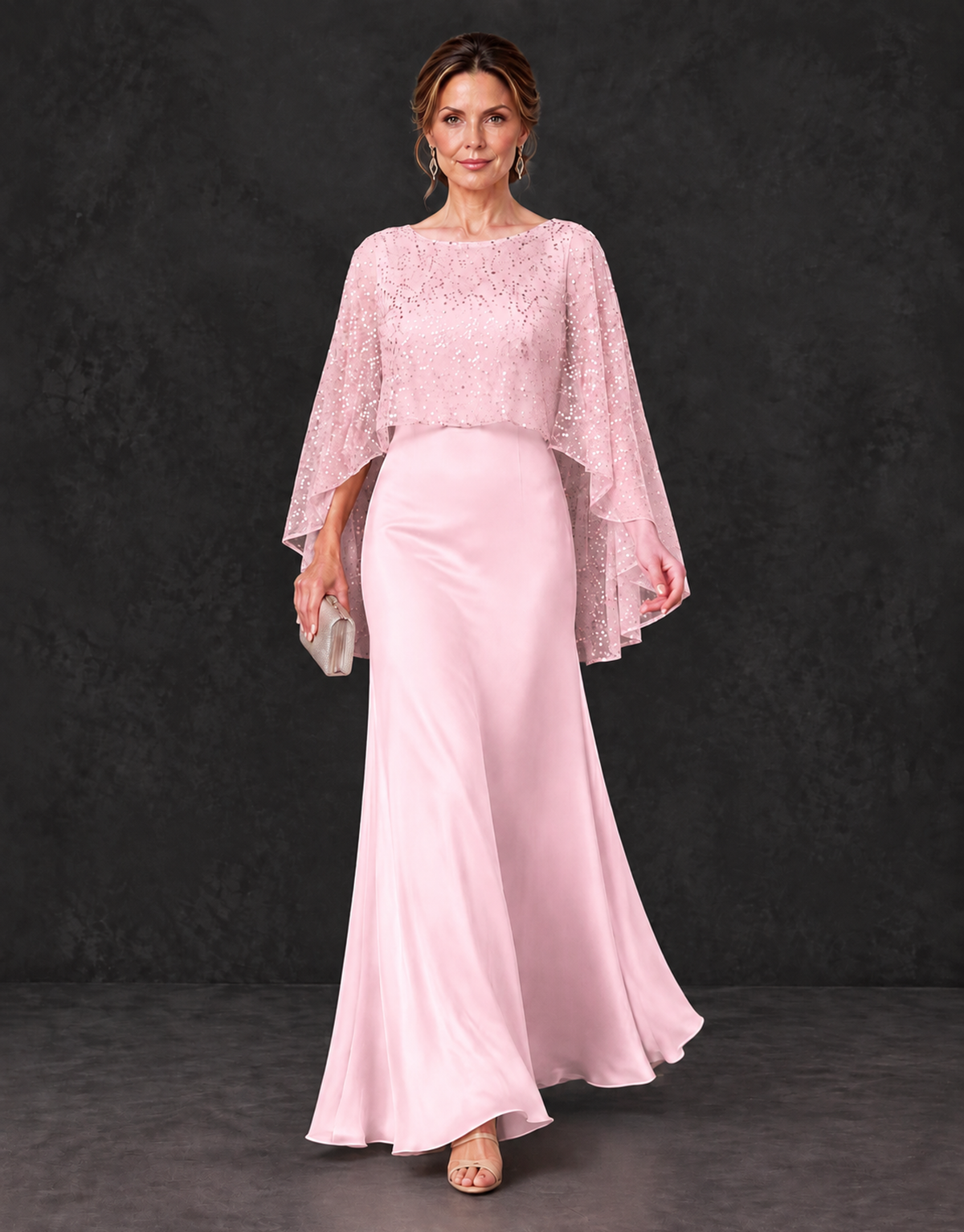BOLODOO Pink Sparkle Cape Sleeve Mother of the Bride Dress - Pink - Pink_4