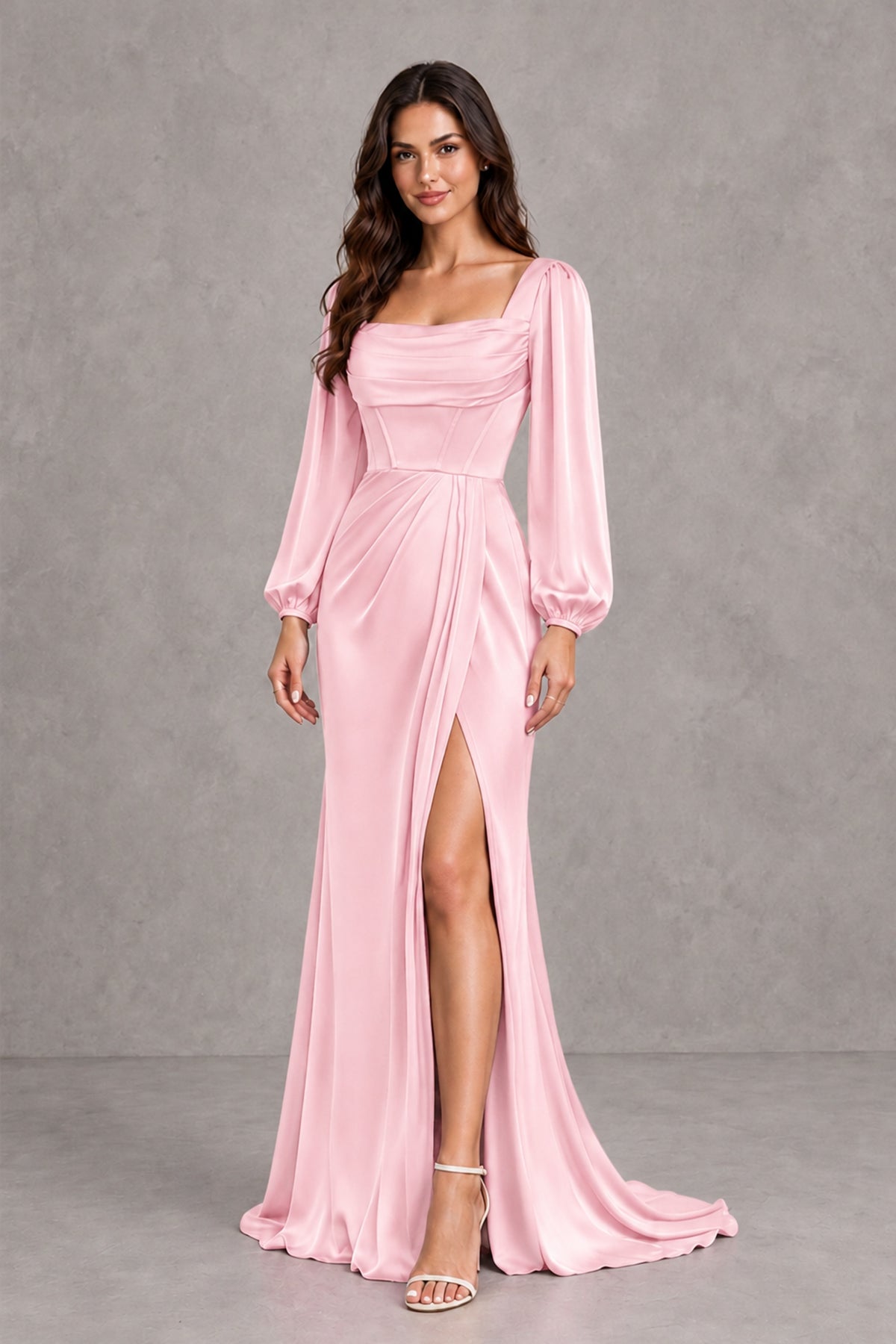 BOLODOO Pink Satin-Look Long Sleeve Evening Dress with High Slit - Pink - Pink_4
