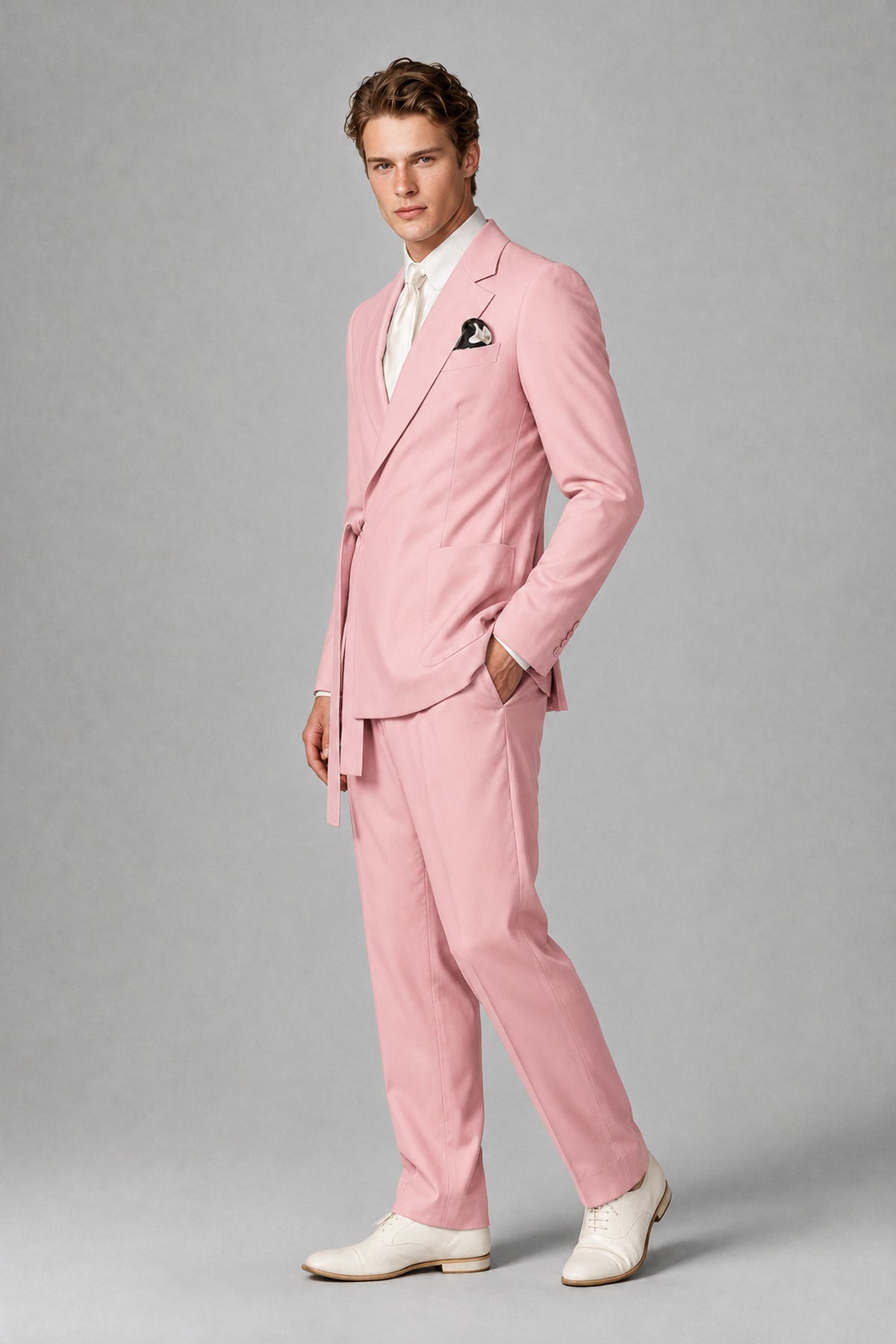 Bolodoo Men's Pink Wrap Tie-Waist Two-Piece Suit – Jacket & Trousers - Pink - Pink_4