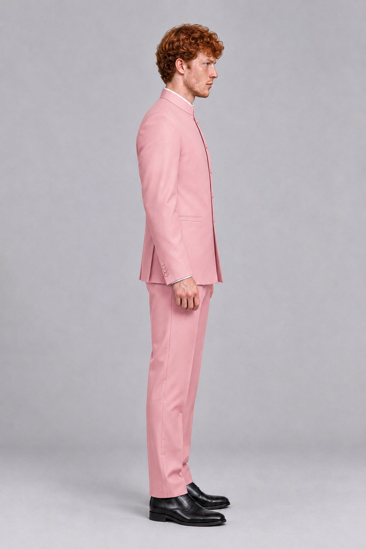 BOLODOO Men's Pink Mandarin Collar Two-Piece Suit - Pink - Pink_4