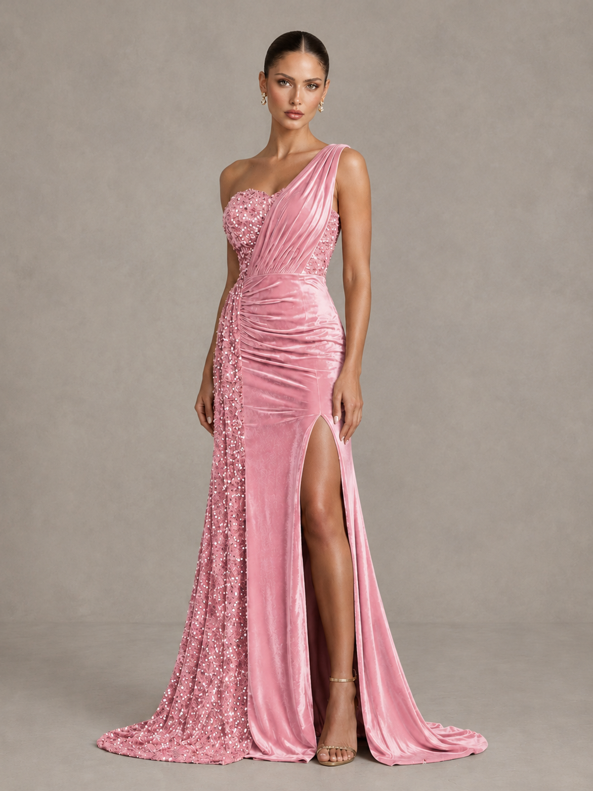 BOLODOO Pink One-Shoulder Satin Sequin Gown with High Slit - Pink - Pink_4