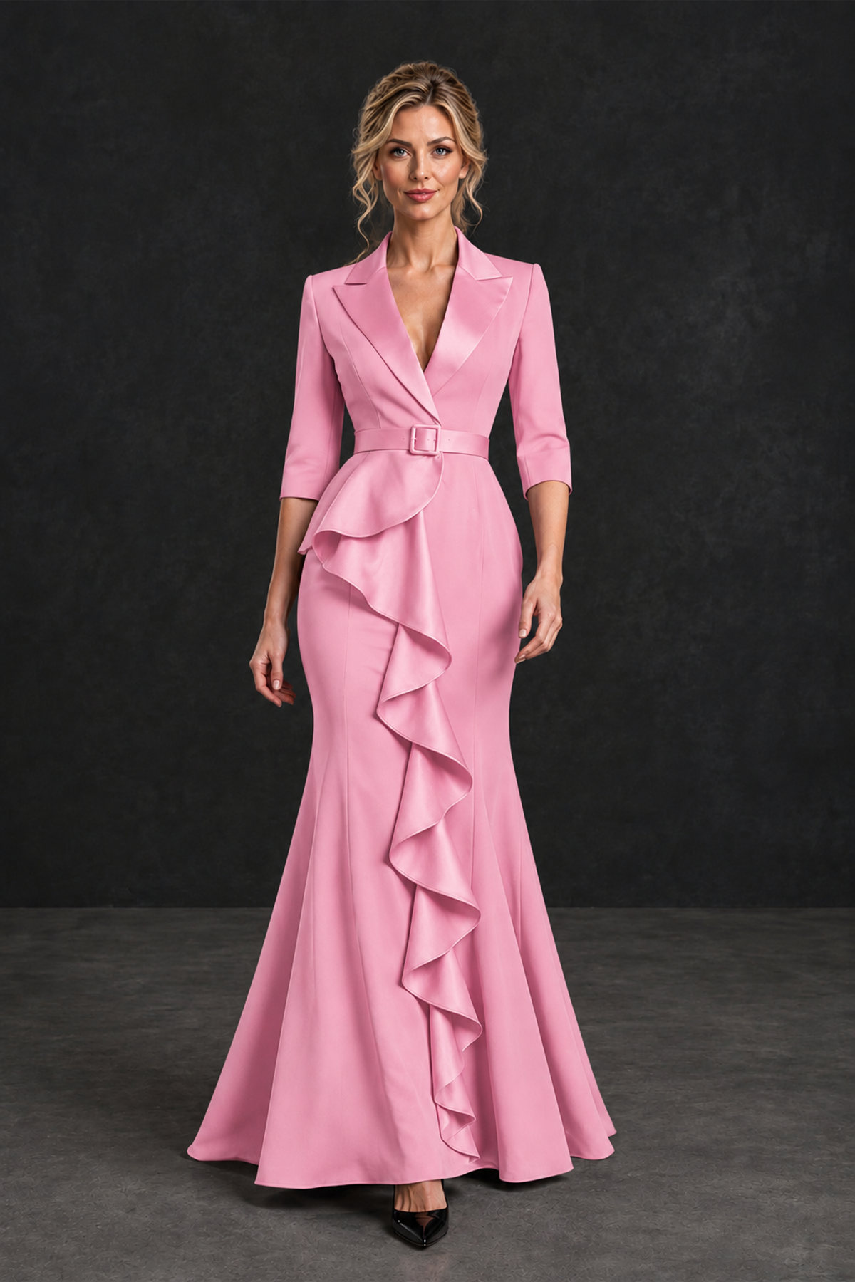 BOLODOO Pink Lapel Ruffle Mother of the Bride Dress with Belt - Pink - Pink_4
