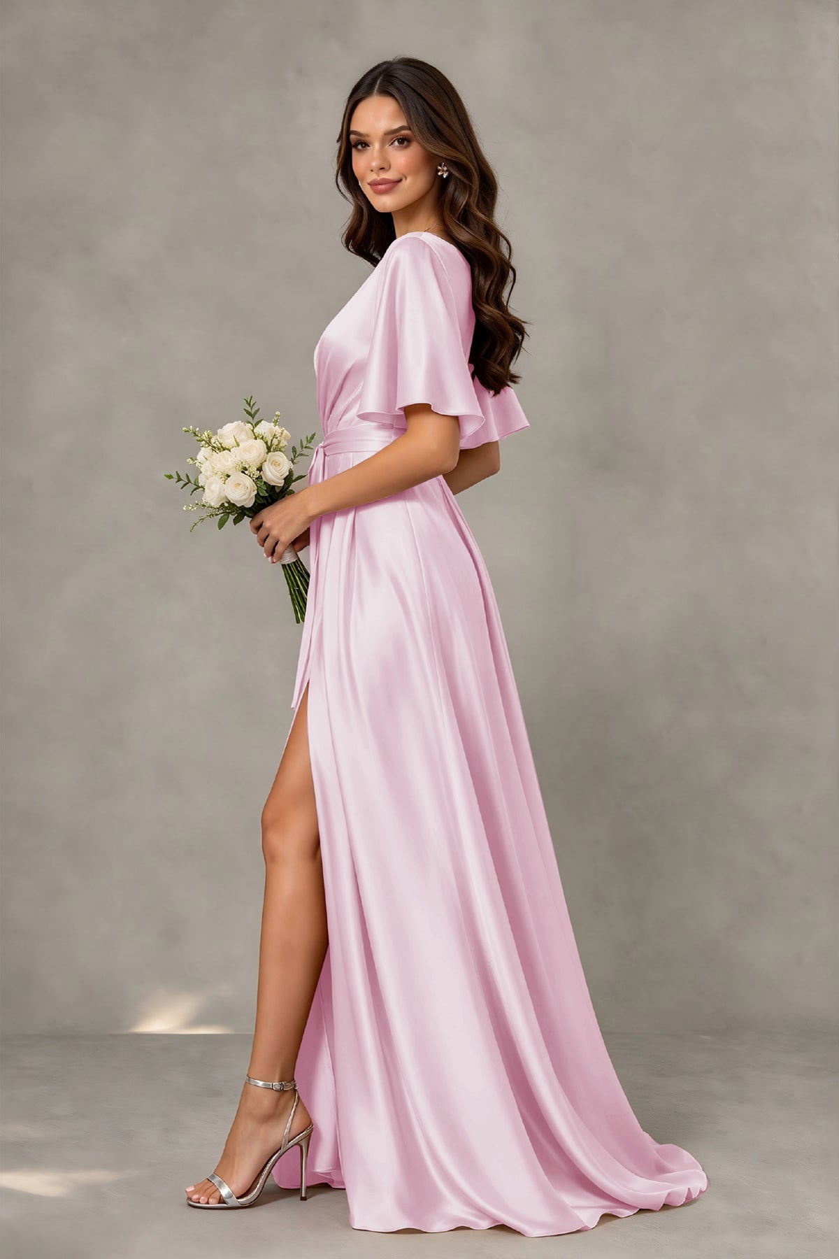 BOLODOO Pink Satin V-Neck Flutter Sleeve Bridesmaid Dress with Slit - Pink - Pink(4)