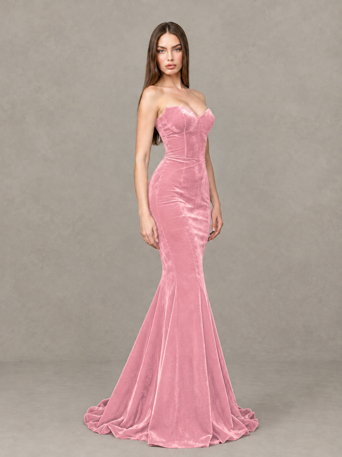 BOLODOO Pink Strapless Sweetheart Velvet-Look Mermaid Evening Dress - Pink - Pink_4