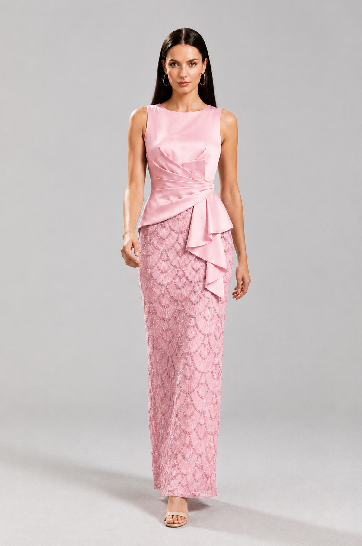 BOLODOO Pink Sleeveless Satin & Lace Peplum Evening Dress - Pink - Pink_4