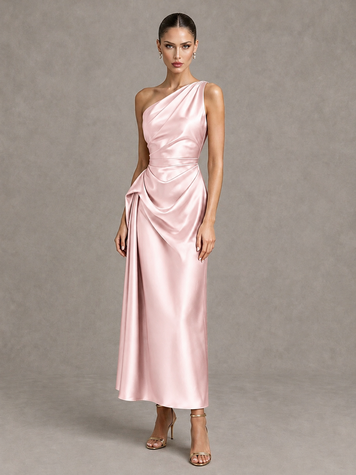 BOLODOO Pink One Shoulder Satin Cocktail Dress with Draped A-Line Skirt - Pink - Pink_4