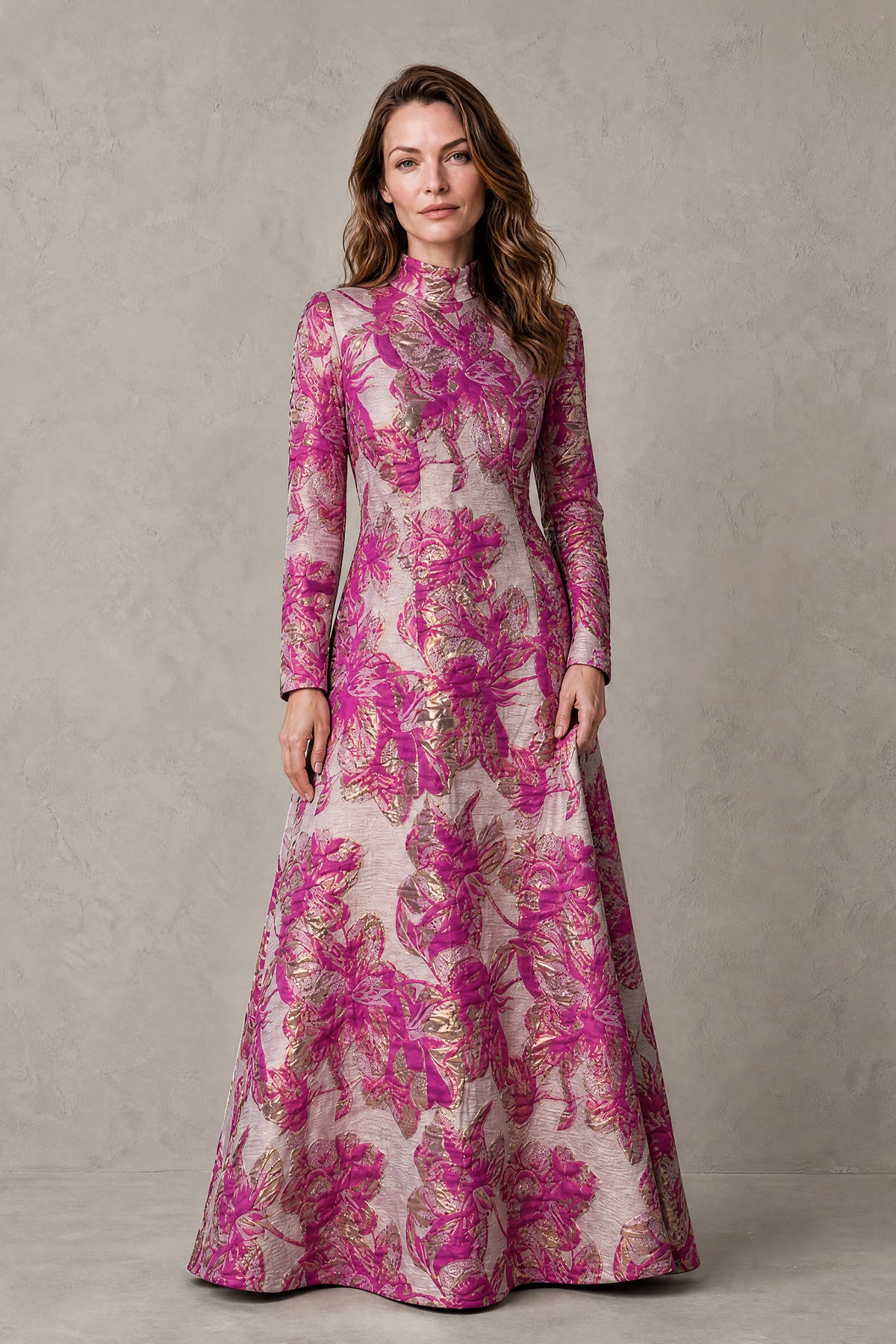 BOLODOO Pink Floral Jacquard Long Sleeve Evening Gown - Pink