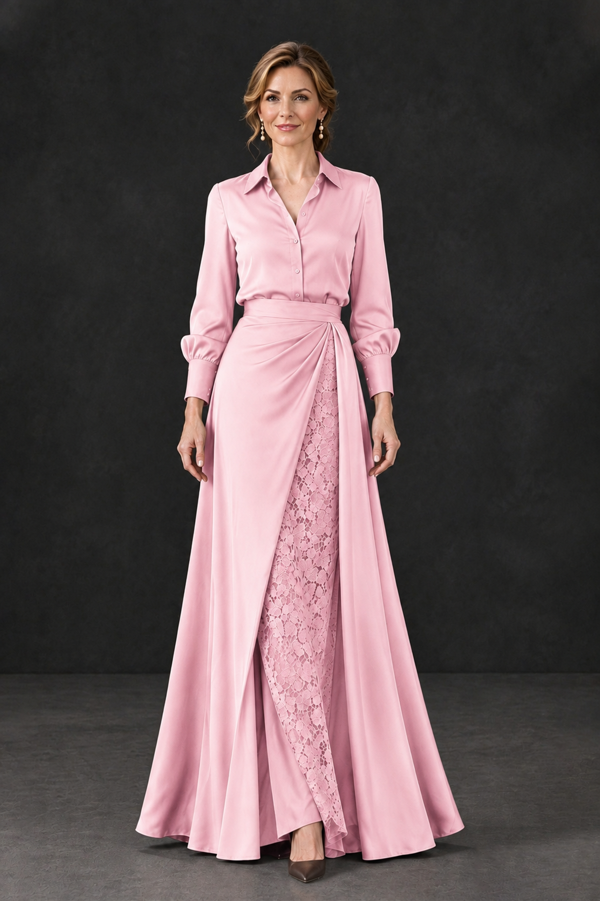 BOLODOO Pink Long Sleeve Satin-Look Lace Panel Gown - Pink - Pink_4