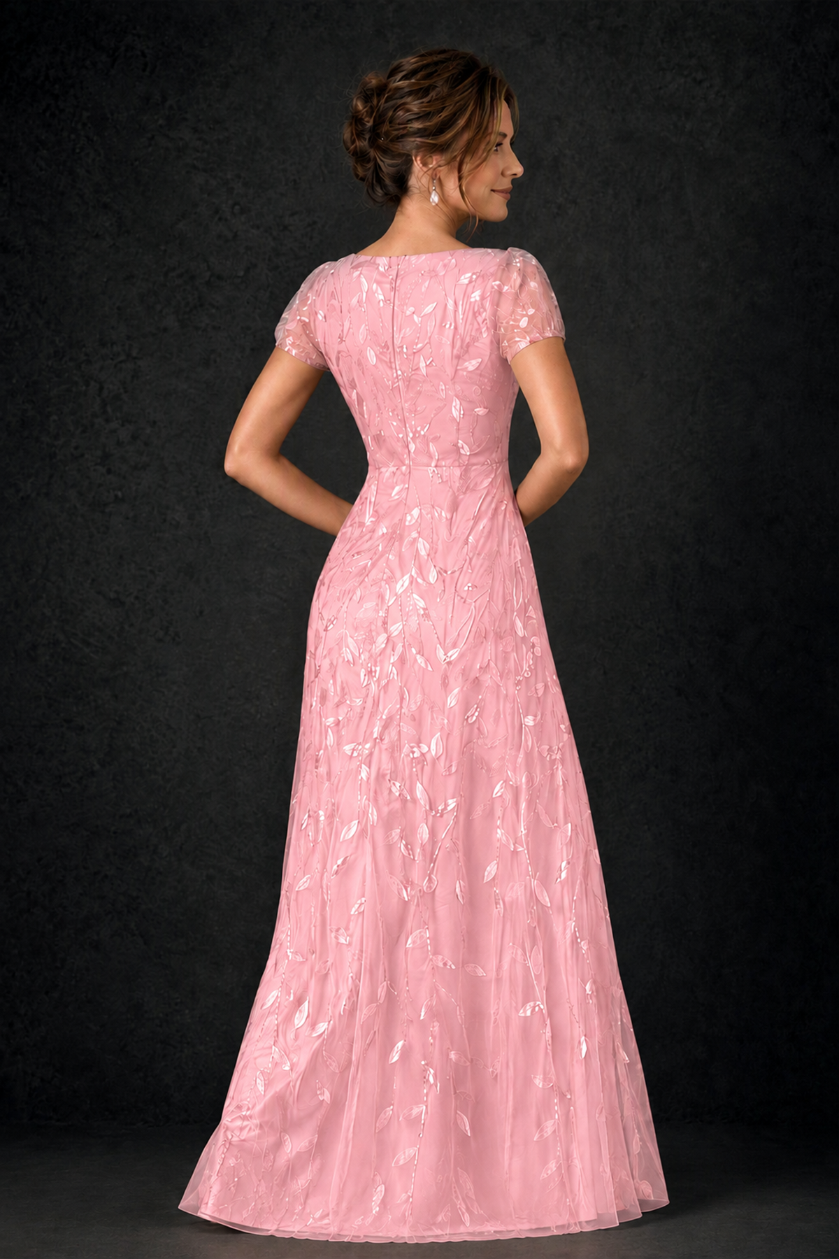 BOLODOO Pink Leaf Embroidered A-Line Formal Gown with Cap Sleeves - Pink - Pink_4