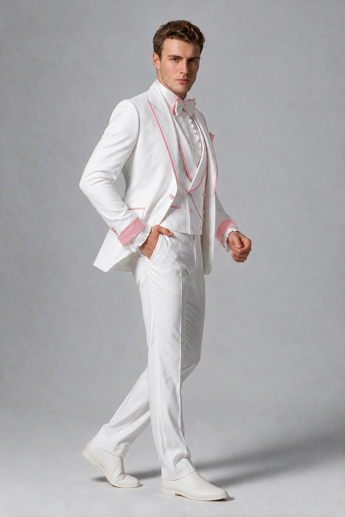 Bolodoo Men's White and Pink Three-Piece Wedding Tuxedo Suit - Pink - Pink_4