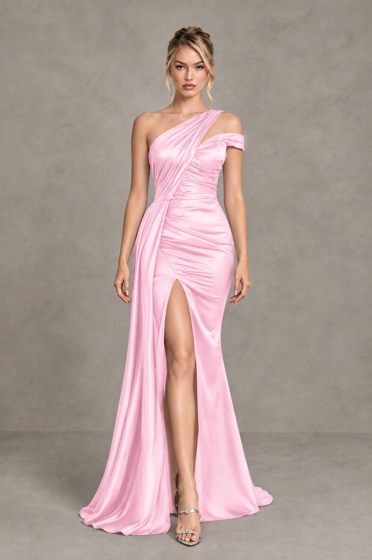 BOLODOO Pink Asymmetric Ruched Formal Evening Dress - Pink - Pink_4