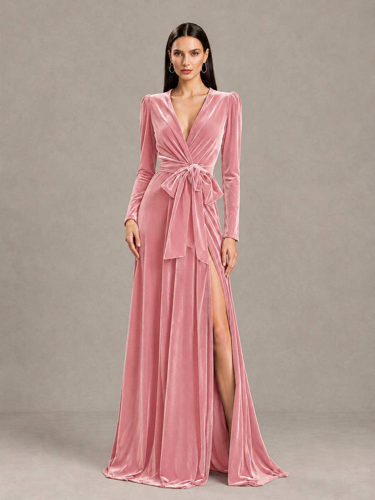 BOLODOO Pink Long Sleeve Velvet-Look Evening Dress with High Slit - Pink - Pink_4