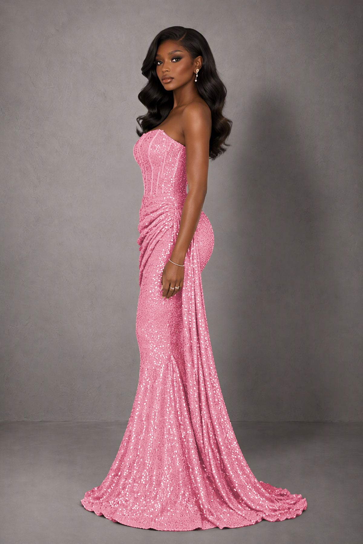 BOLODOO Pink Sequin Strapless Corset Mermaid Evening Gown with Train - Pink