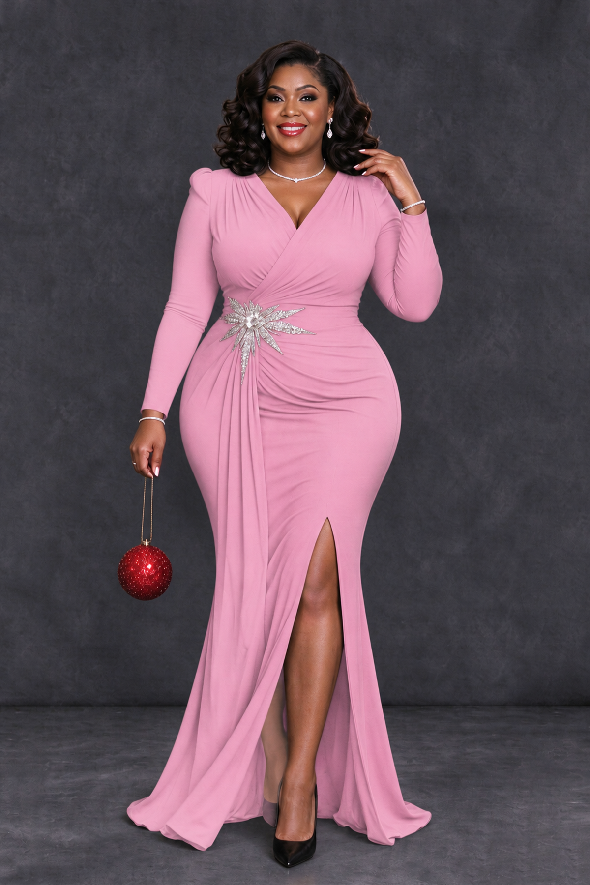 BOLODOO Pink Plus Size Long Sleeve V-Neck Mother of the Bride Dress with Slit - Pink - Pink_4