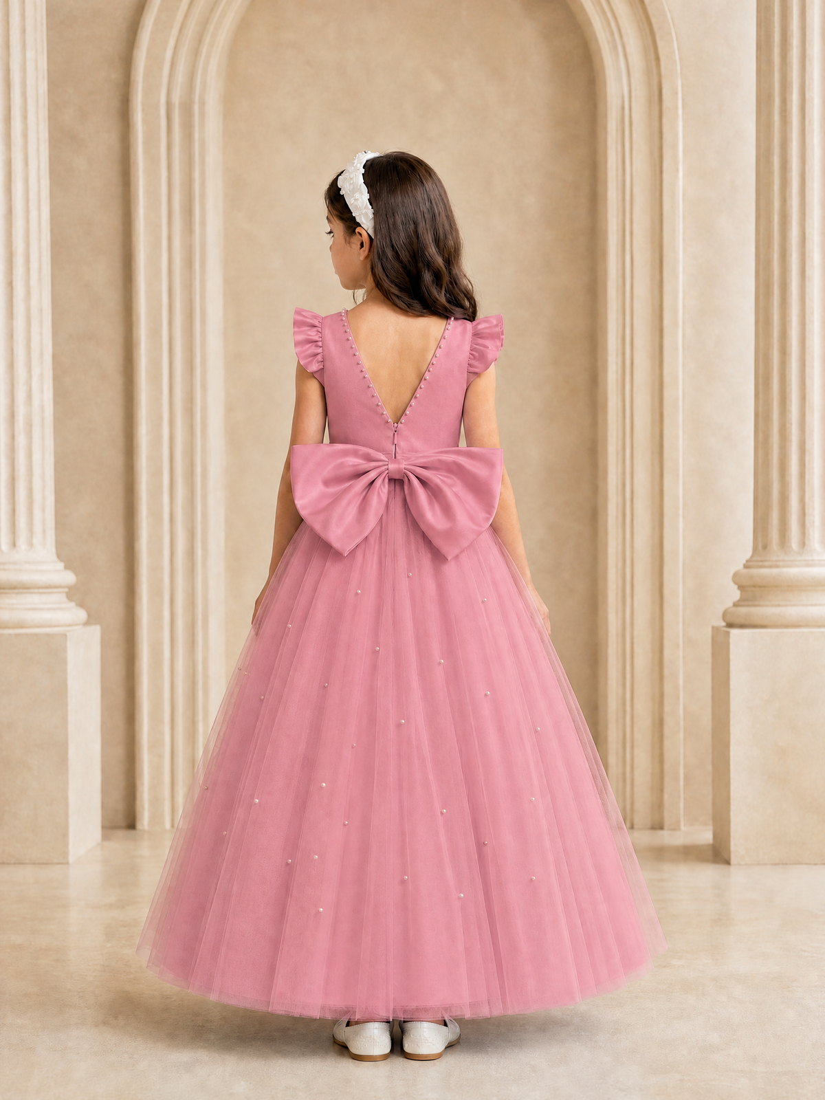 BOLODOO Pink Tulle Flower Girl Dress with Ruffle Sleeves & Bow Back - Pink - Pink_4